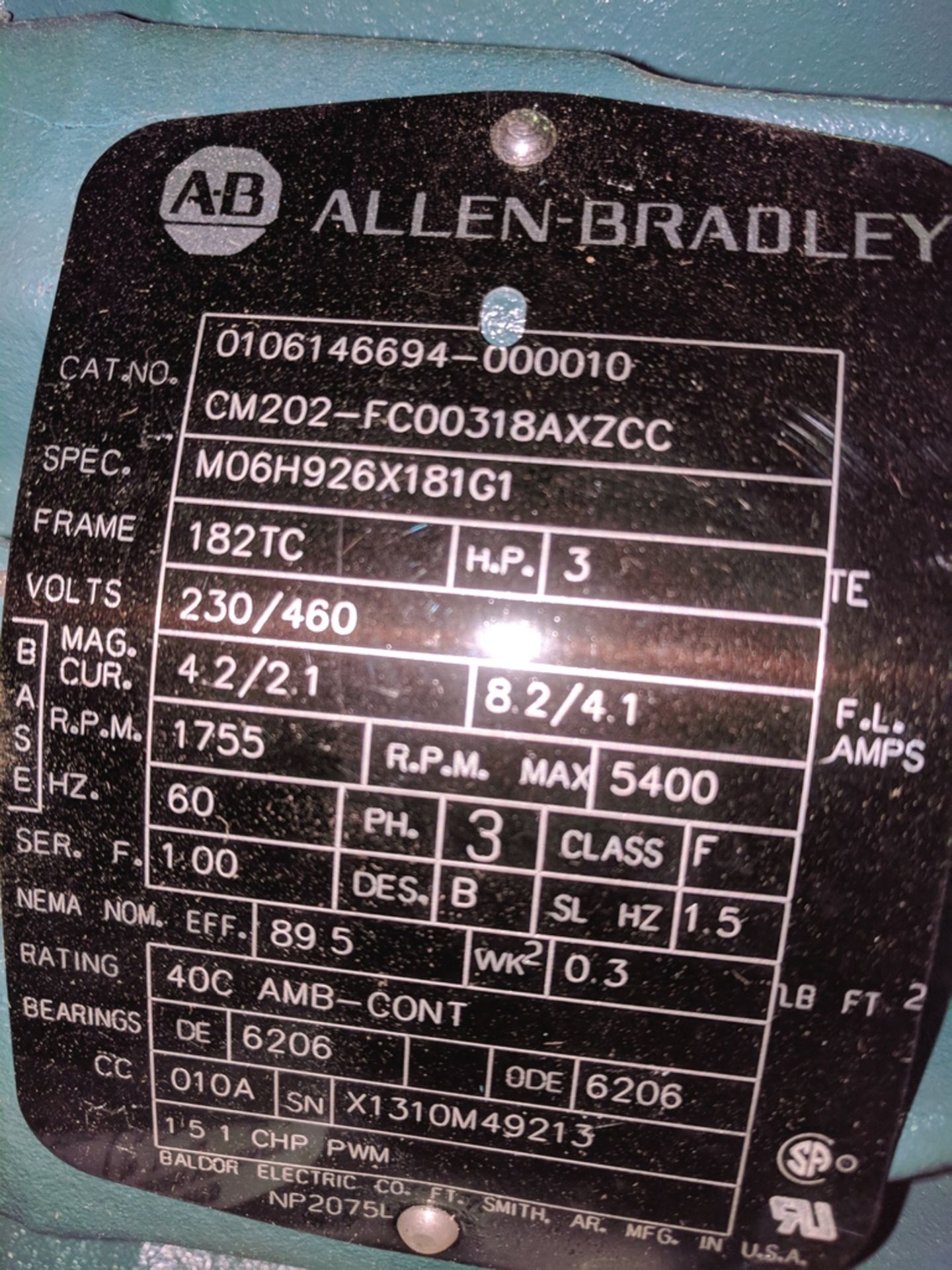 ALLEN BRADLEY CM200 SERIES TOTALLY ENCLOSED FAN COOLED 3 HP, 1755 RPM 230/460V 3 PHASE INVERTER DUTY - Image 2 of 2