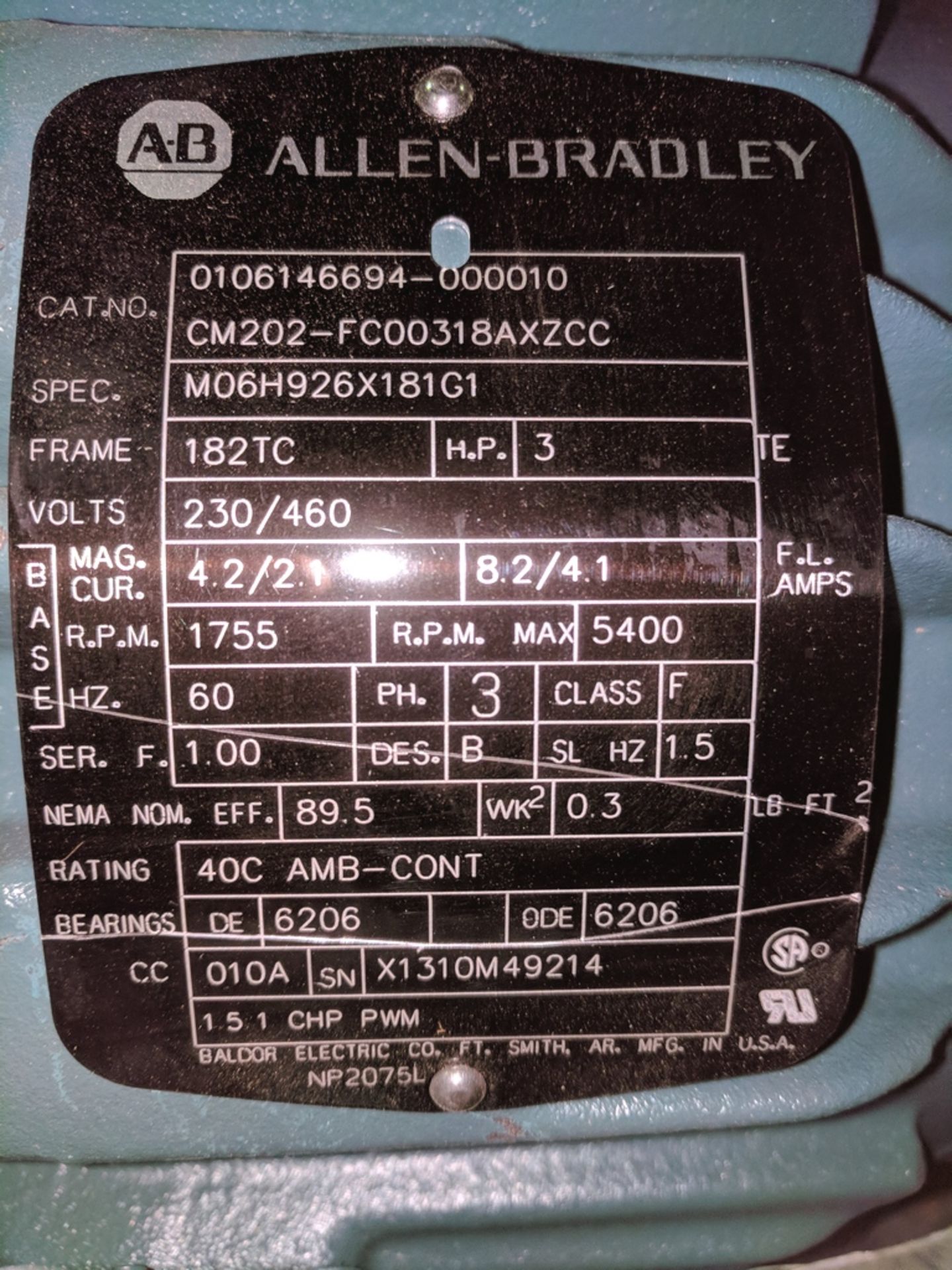 ALLEN BRADLEY CM200 SERIES TOTALLY ENCLOSED FAN COOLED 3 HP, 1755 RPM 230/460V 3 PHASE INVERTER DUTY - Image 2 of 2