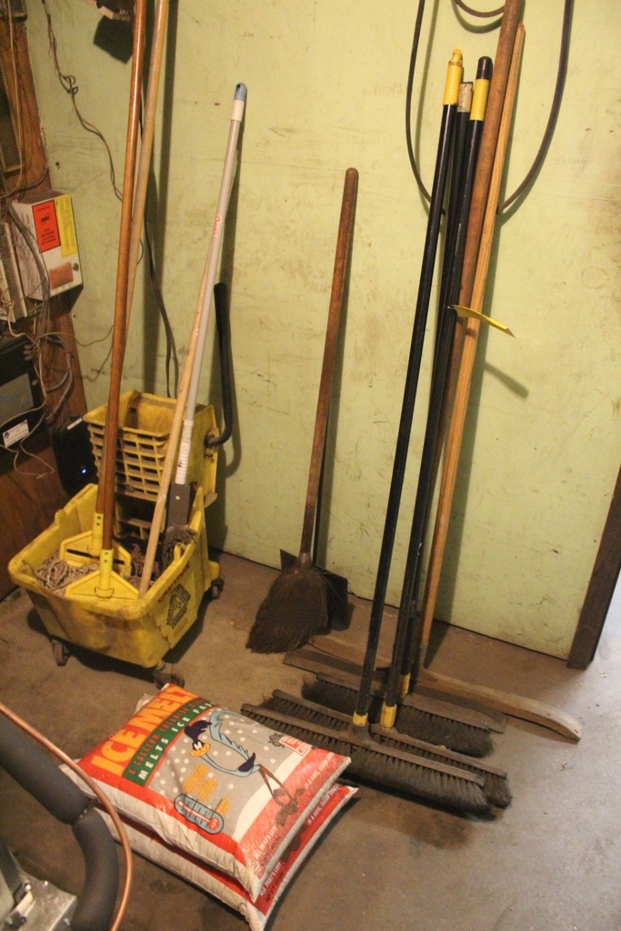 ASSORTED BROOMS, MOP BUCKET