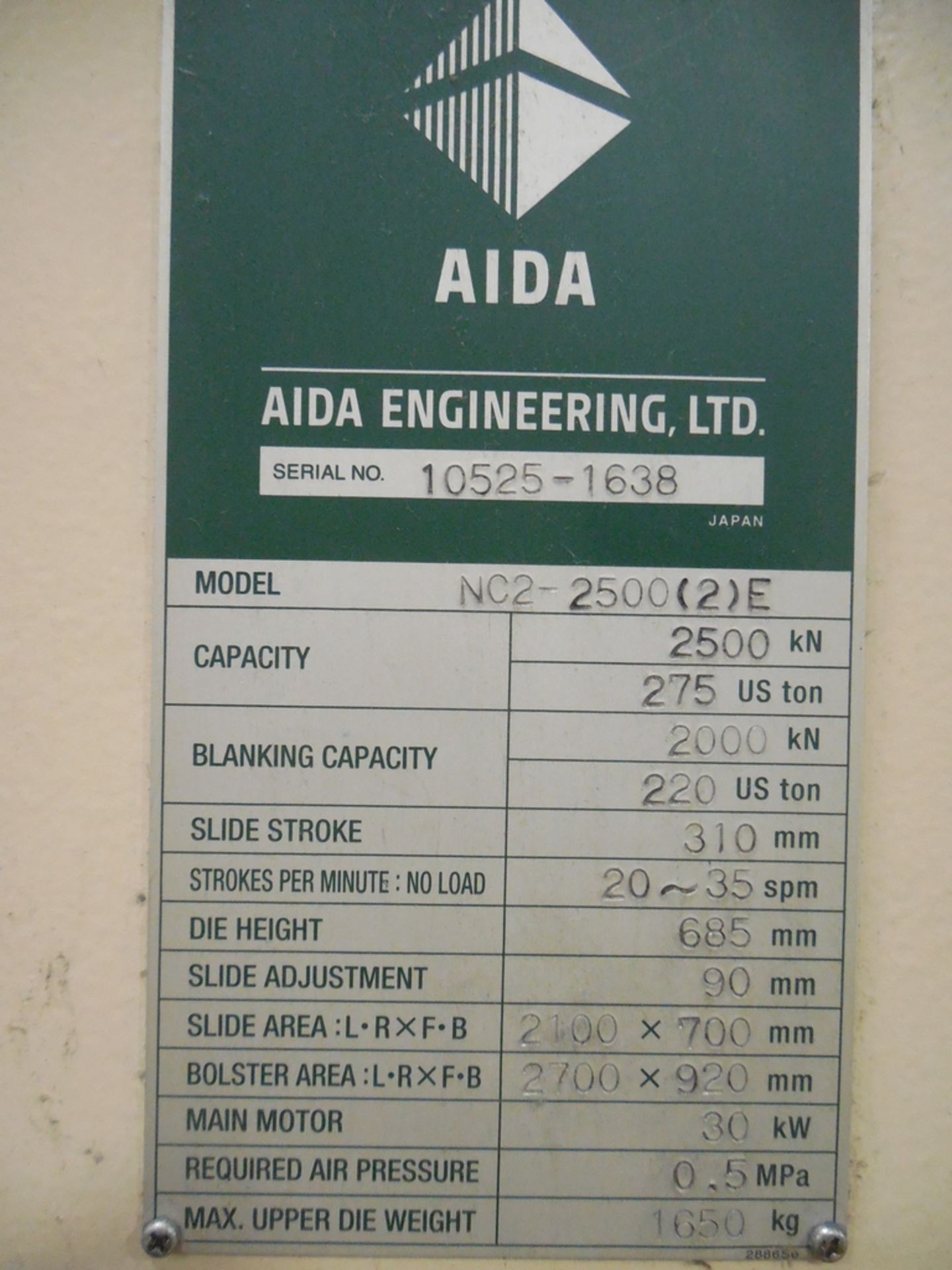 Aida 275 Ton Model NC2-2500(2)E Gap Frame Double Crank Press (2005) - Image 7 of 7