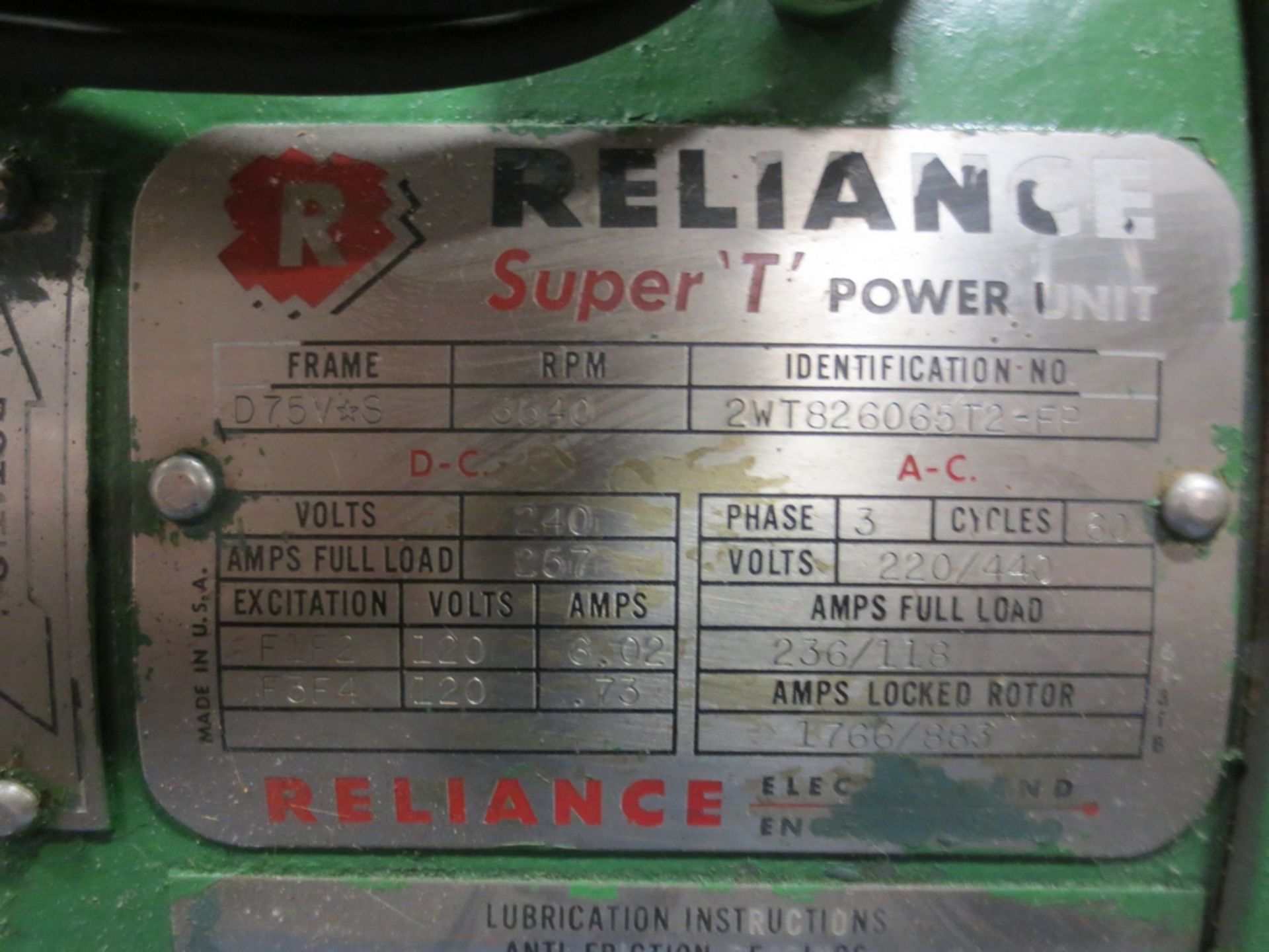 RELIANCE SUPER T POWER UNIT, 3PH, 220/440 VOLTS, S/N 2WT826065T2-FP - Image 3 of 3