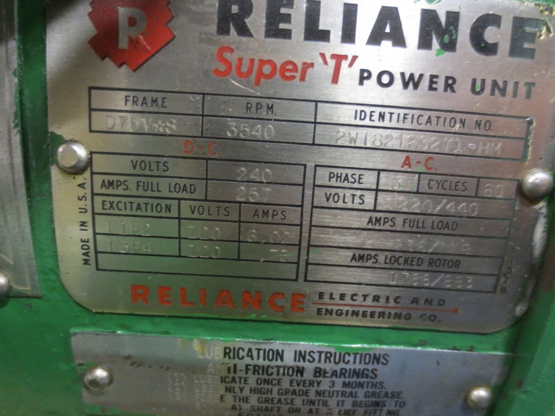 RELIANCE SUPER T POWER UNIT, 3PH, 220/440 VOLTS, S/N 2WT821232T1-HM - Image 3 of 3