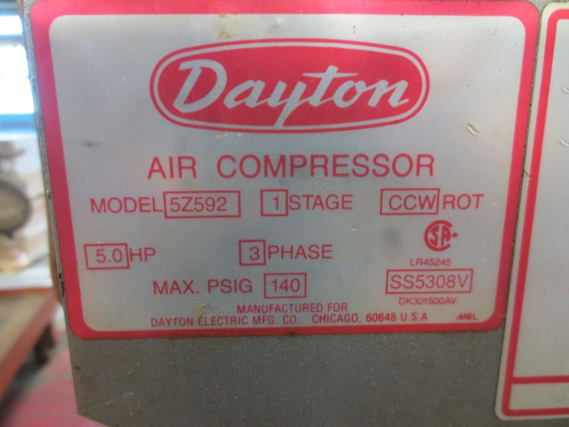 DAYTON MODEL 5Z592 5 HP VERTICAL TANK MOUNT AIR COMPRESSOR, - Image 3 of 3