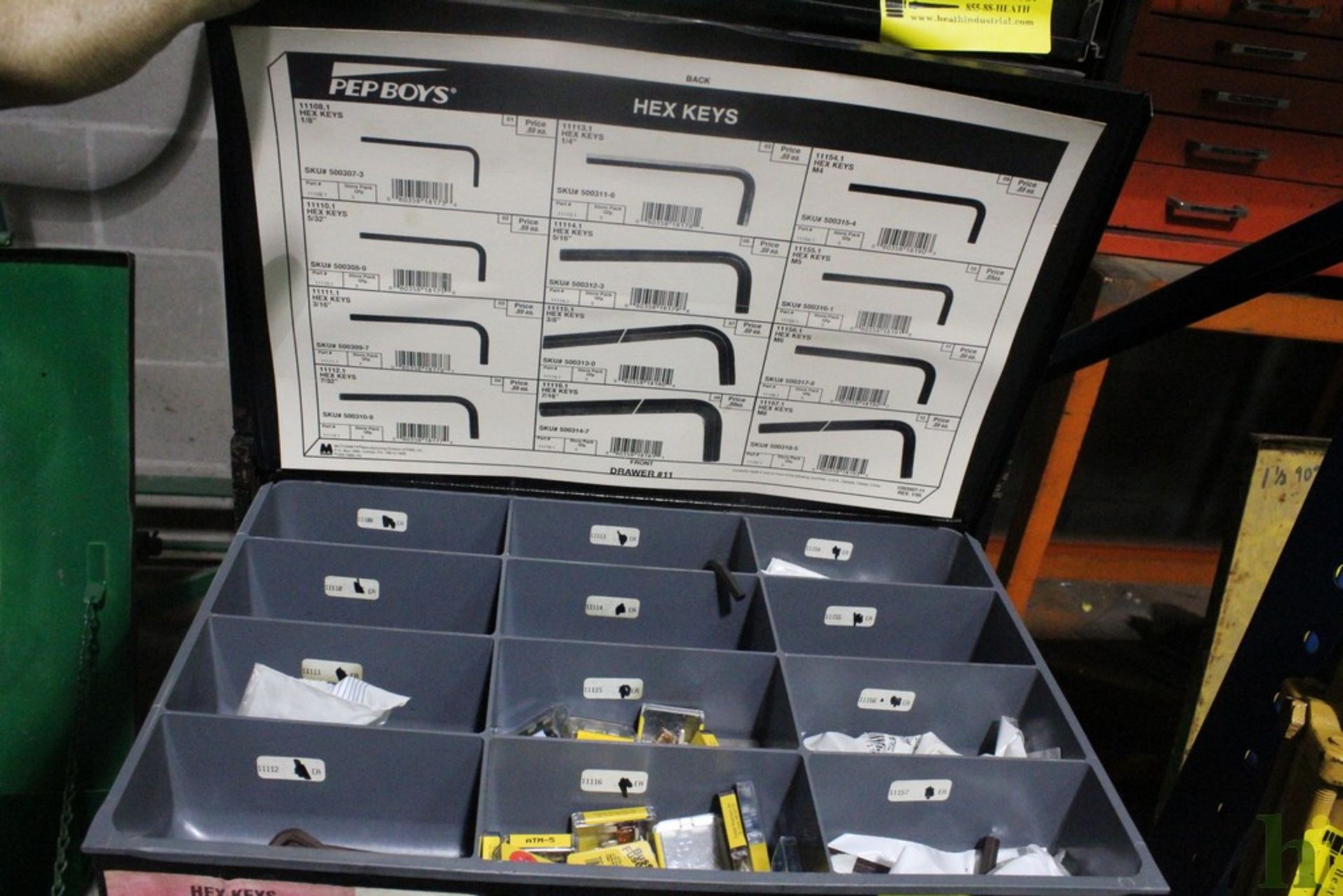 PEP BOYS HARDWARE DRAWER CABINET, 15" X 20" X 16", CONTAINS HEX KEYS, SPRINGS, PINS AND E-CLIPS - Image 5 of 5