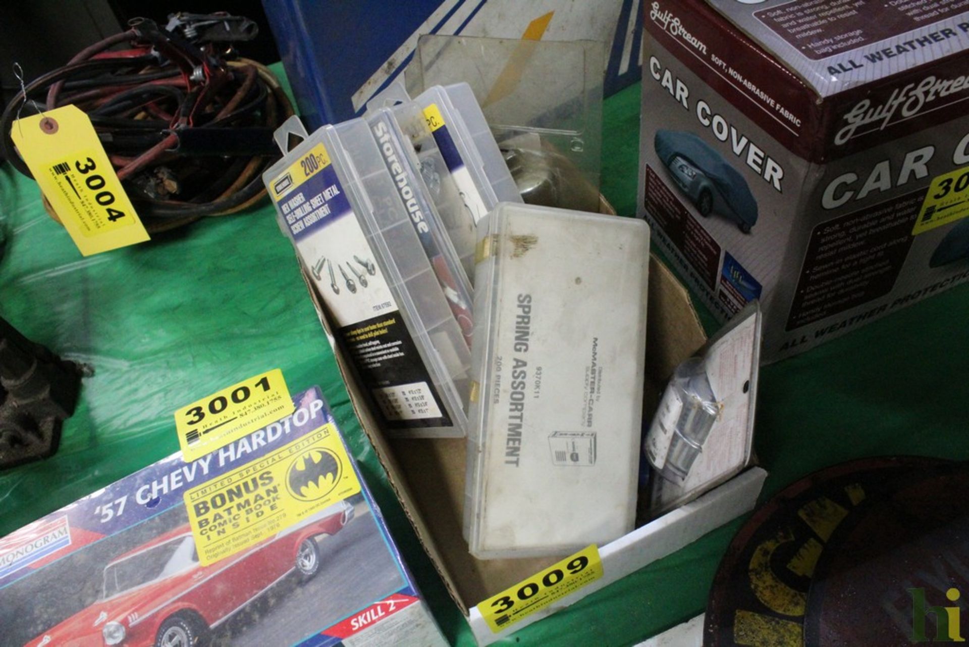 ASSORTED AUTOMOTIVE HARDWARE, FILTER AND TOOLS IN BOX