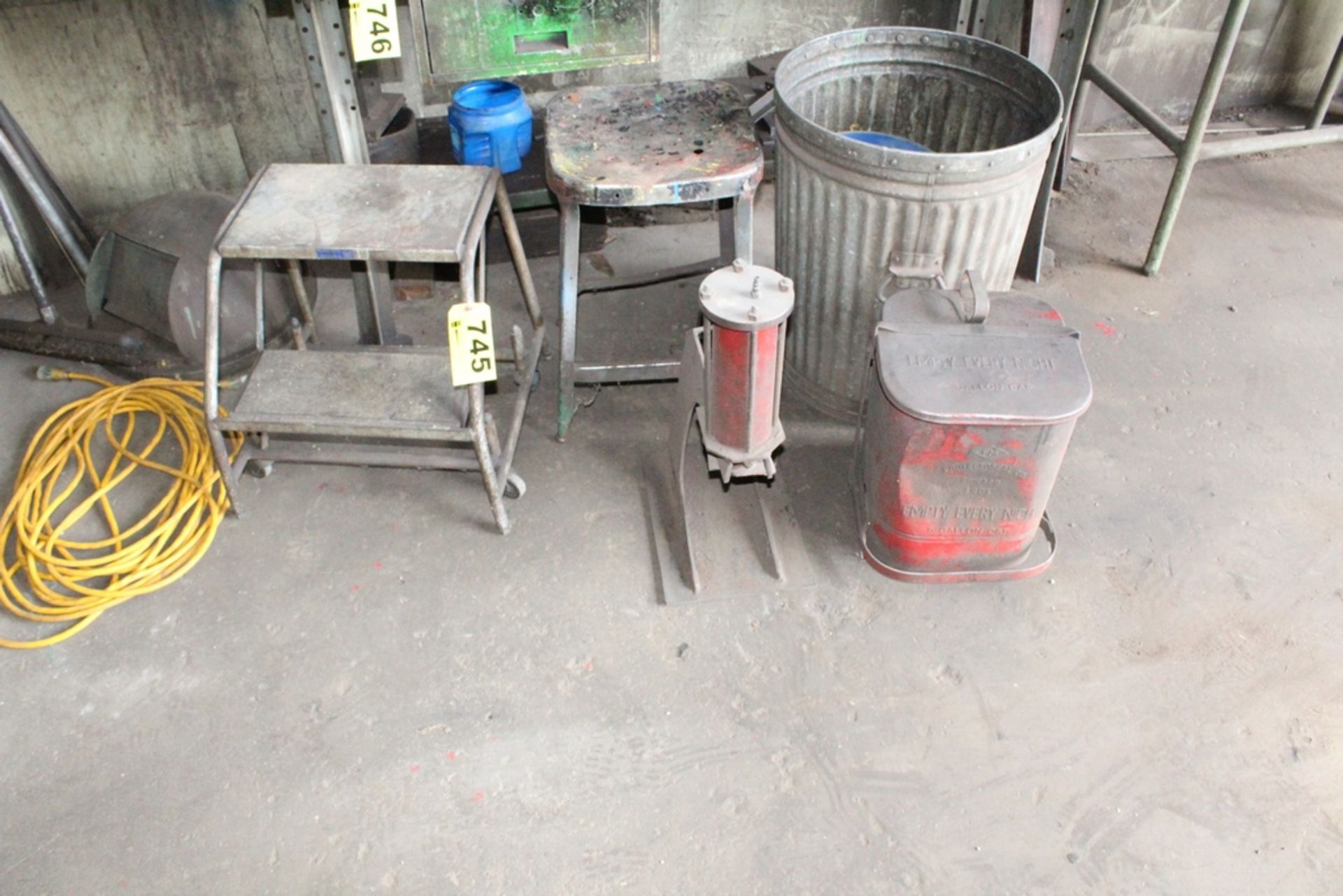 ASSORTED TRASH CANS, LADDERS & STOOL