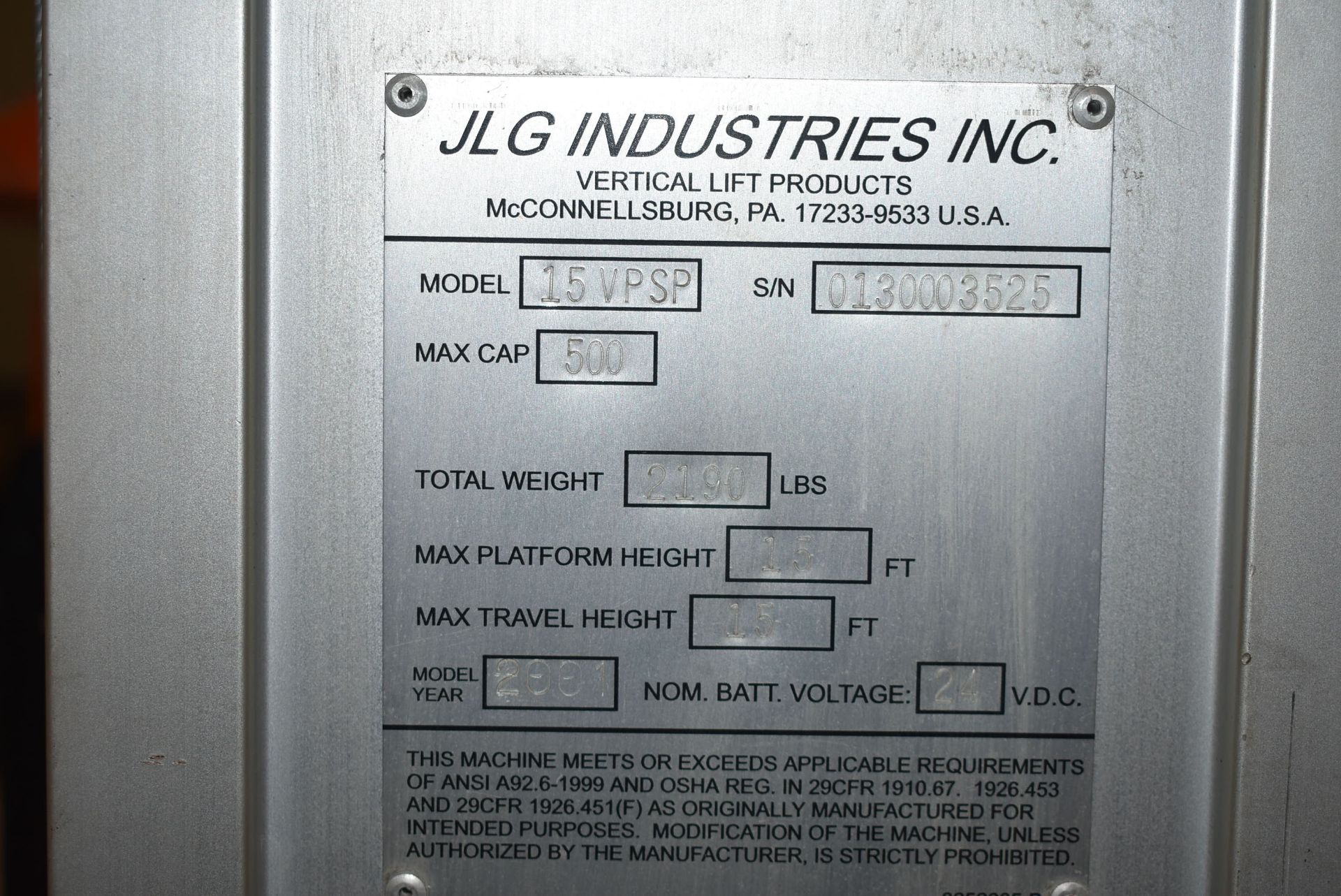 JLG 15VPSP 15 FT ELECTRIC DRIVABLE STOCK PICKER S/N: 0130003525 (2001) 500 LB. PLATFORM CAPACITY, 21 - Image 16 of 16