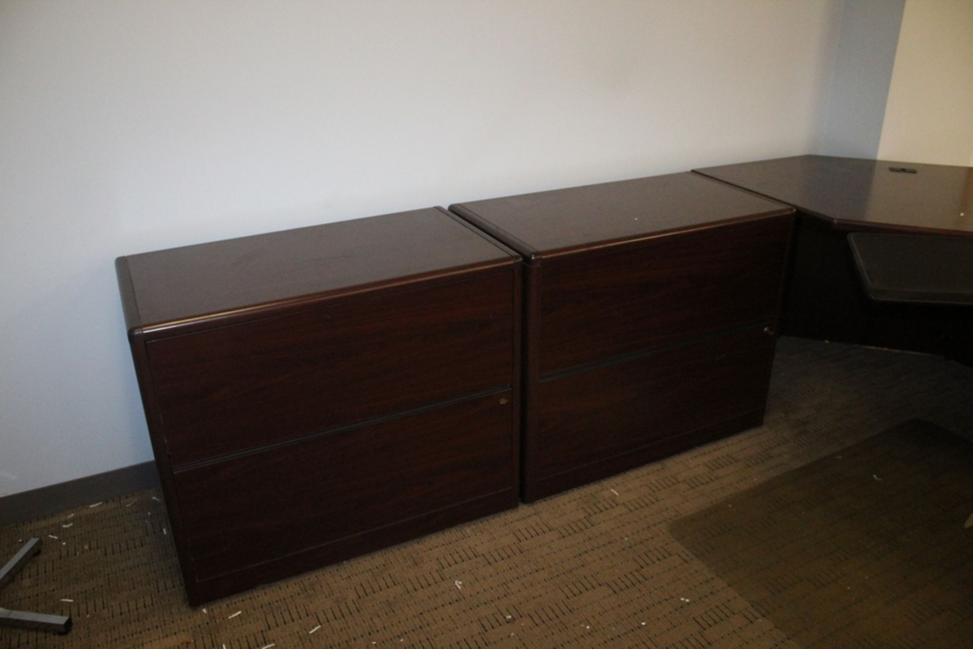 LARGE WOOD U-SHAPED DESK, 124" X 72" WITH TWO WOOD LATERAL FILE CABINETS - Image 4 of 4