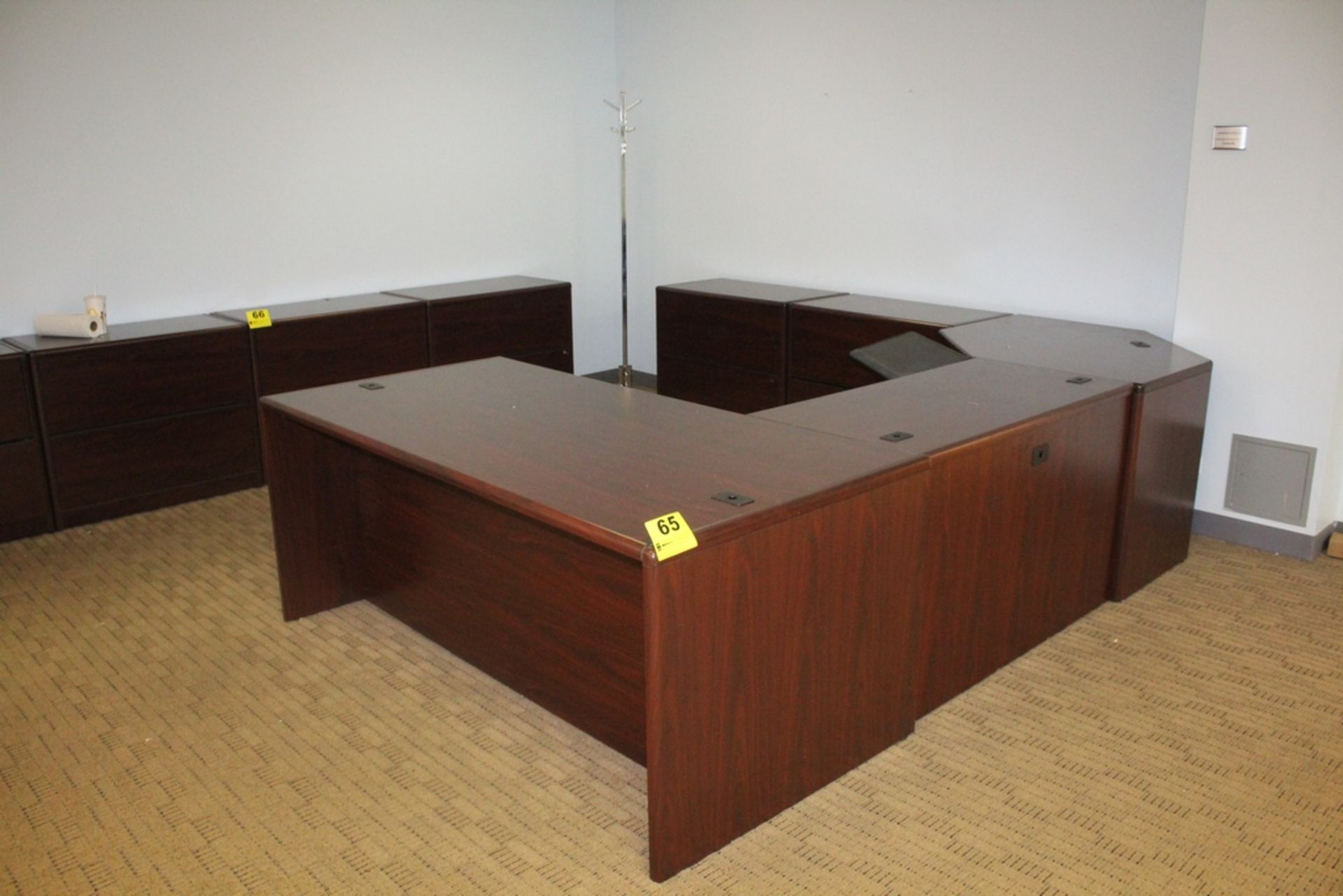 LARGE WOOD U-SHAPED DESK, 124" X 72" WITH TWO WOOD LATERAL FILE CABINETS