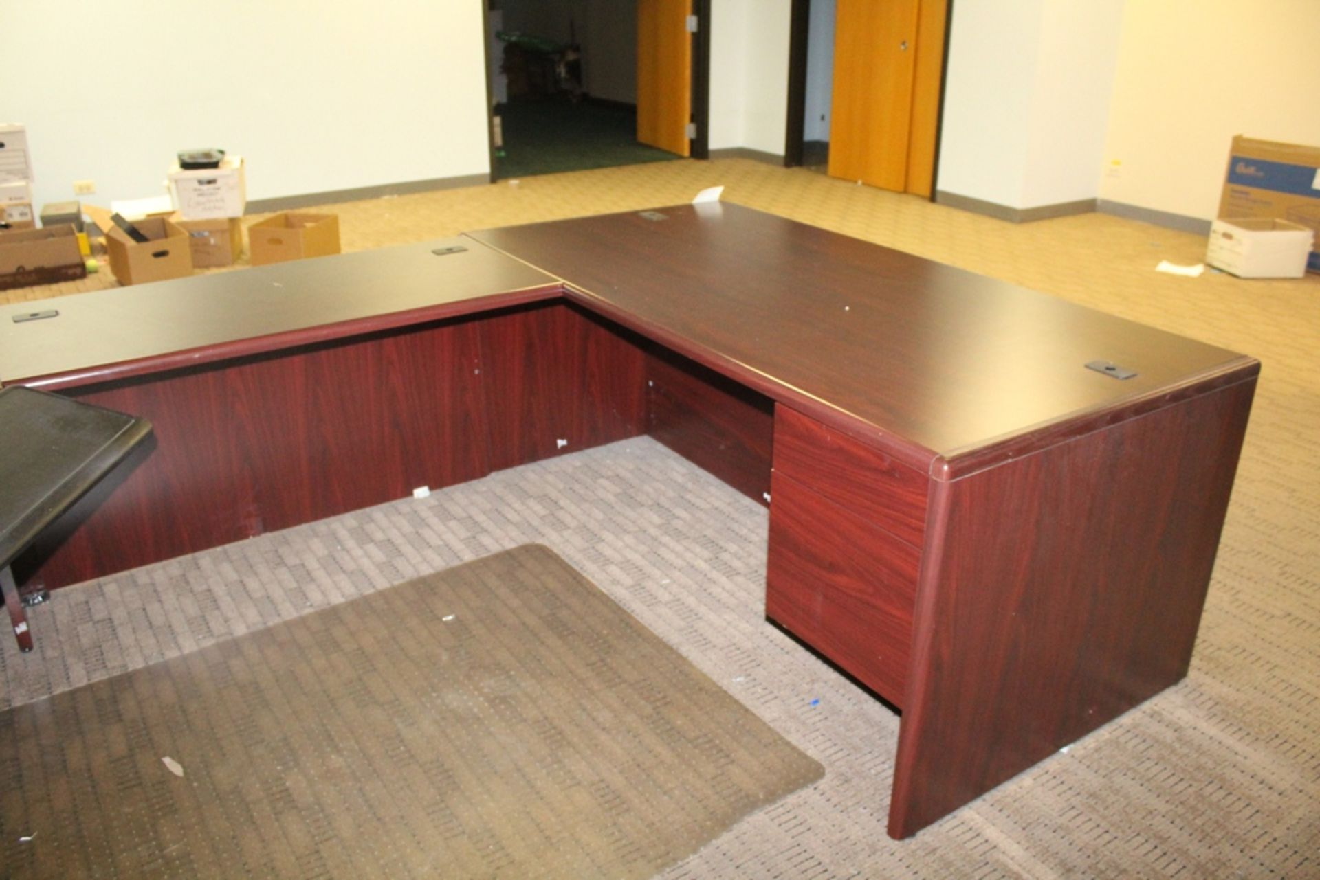 LARGE WOOD U-SHAPED DESK, 124" X 72" WITH TWO WOOD LATERAL FILE CABINETS - Image 3 of 4