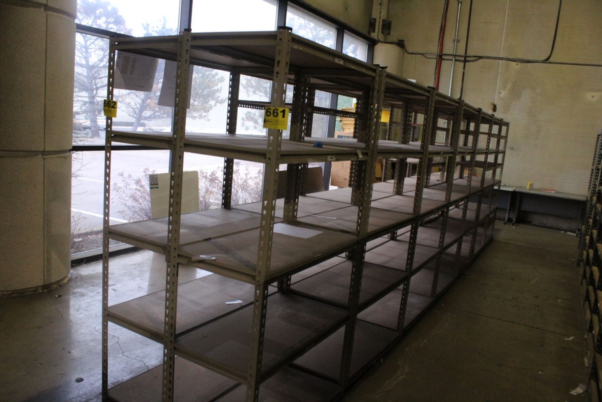 (7) SECTIONS OF METAL/WOOD SHELVES, 21' X 72" X 18"