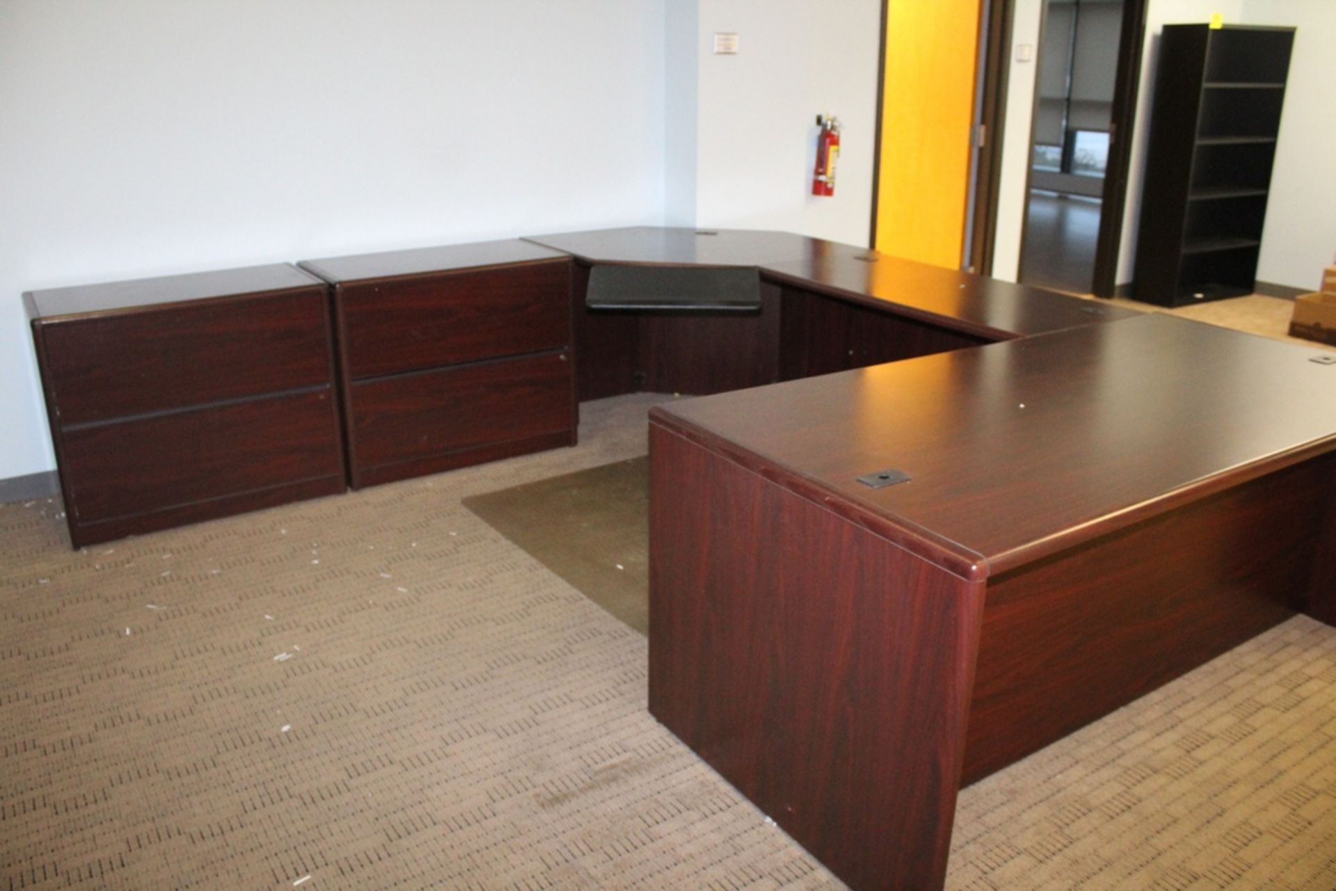 LARGE WOOD U-SHAPED DESK, 124" X 72" WITH TWO WOOD LATERAL FILE CABINETS - Image 2 of 4