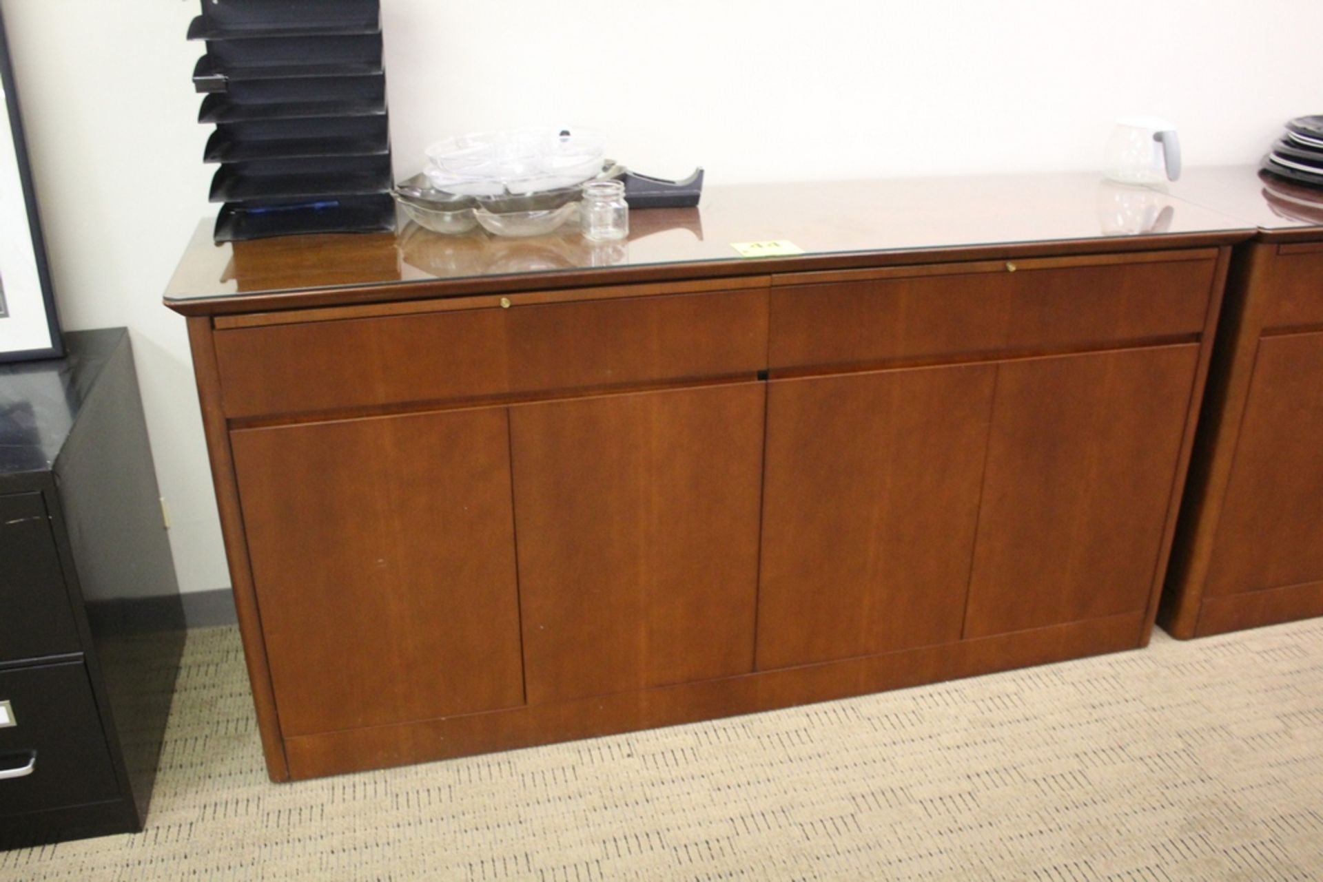 WOOD CABINET WITH GLASS TOP - 36" X 74" X 21"