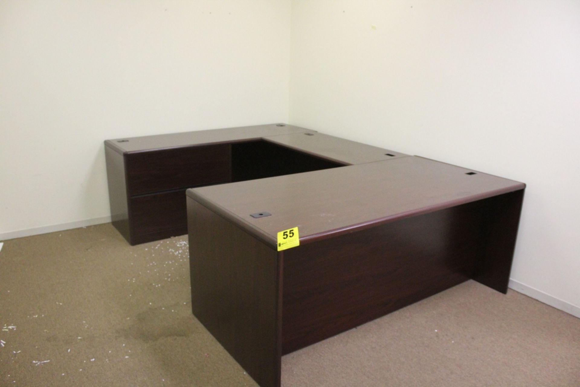 HON U-SHAPED OFFICE DESK, 106" X 72" AND BOOKCASE, 71" X 32" X 14"