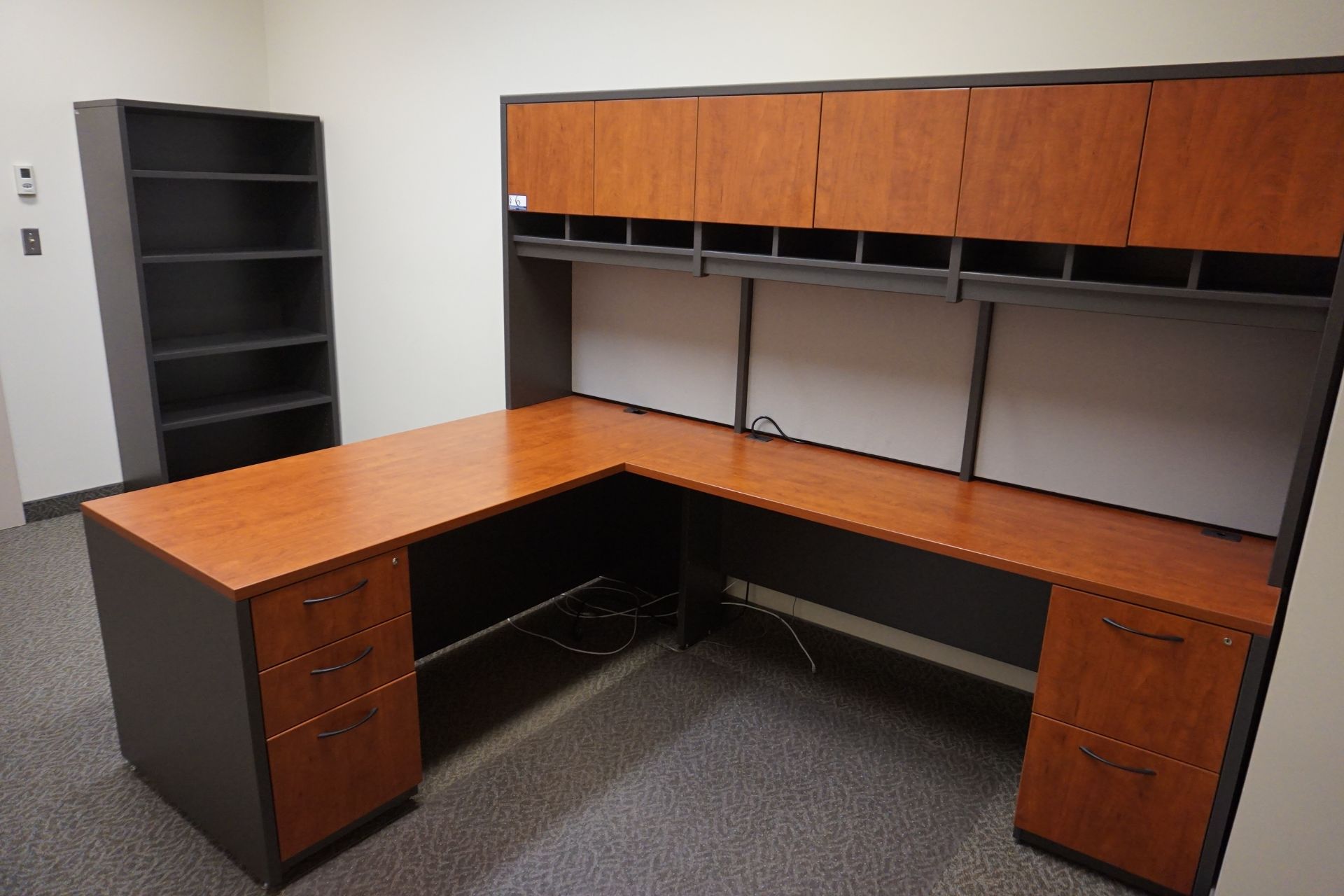 R.L Cushing L-Shaped Maple Auburn Slate Desk with Overhead Storage, Bookshelf & Lateral File