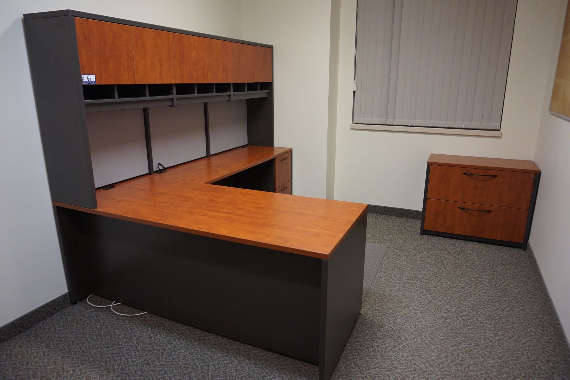 R.L Cushing L-Shaped Maple Auburn Slate Desk with Overhead Storage, Bookshelf & Lateral File - Image 2 of 2