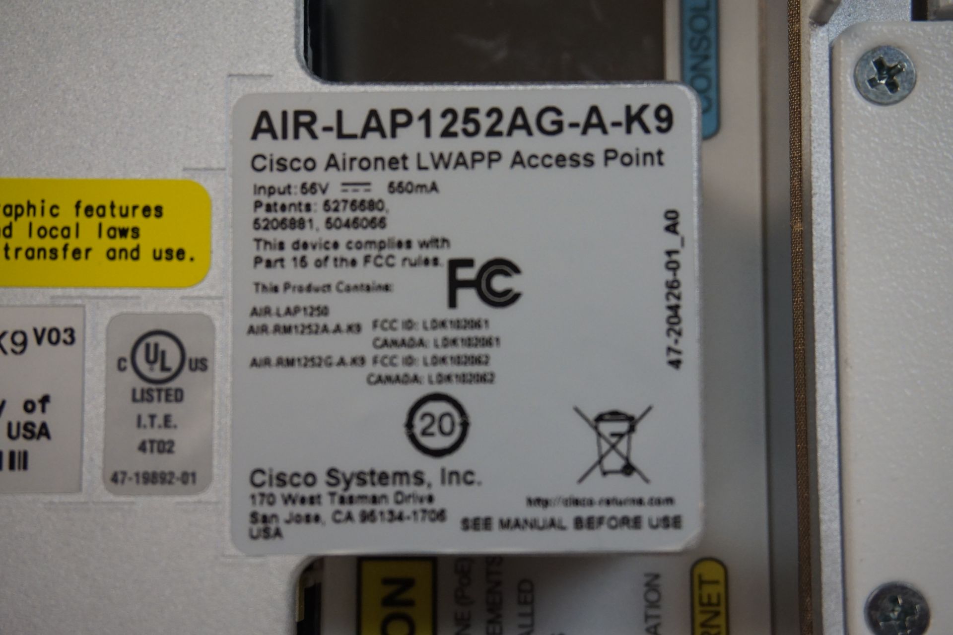 Asst. Cisco Air-AP1852E-A-K9, AIR LAP1252AG-A-K9 AIRONET Accesspoint with (8) Power Injectors - Image 2 of 4