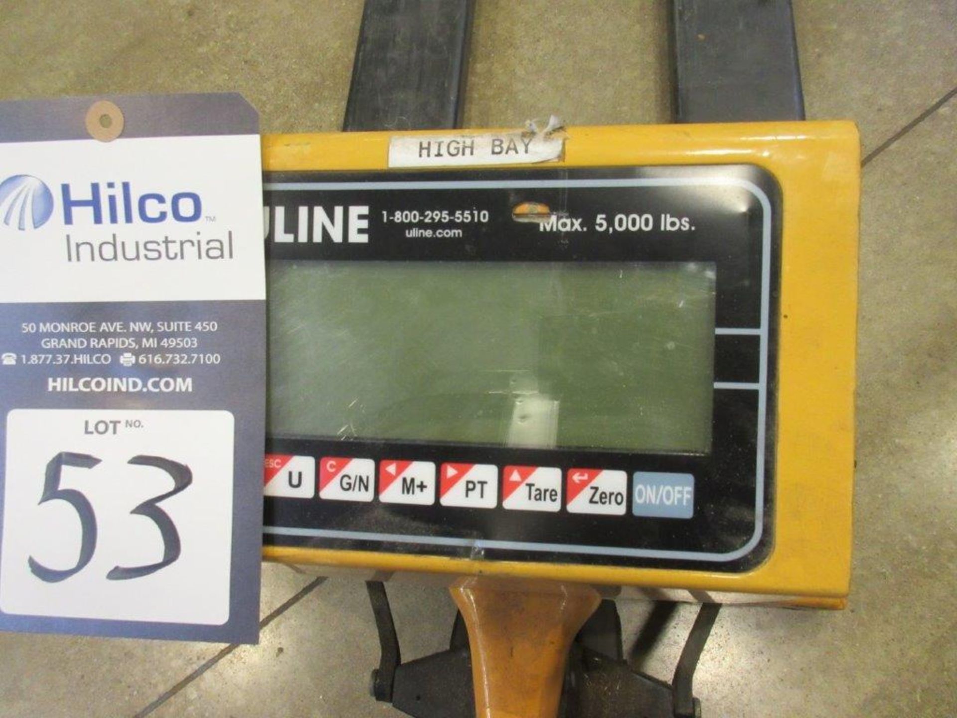 Uline Model H-1679 5000 lb. Cap. 48" x 27" with Digital Scale Pallet Jack