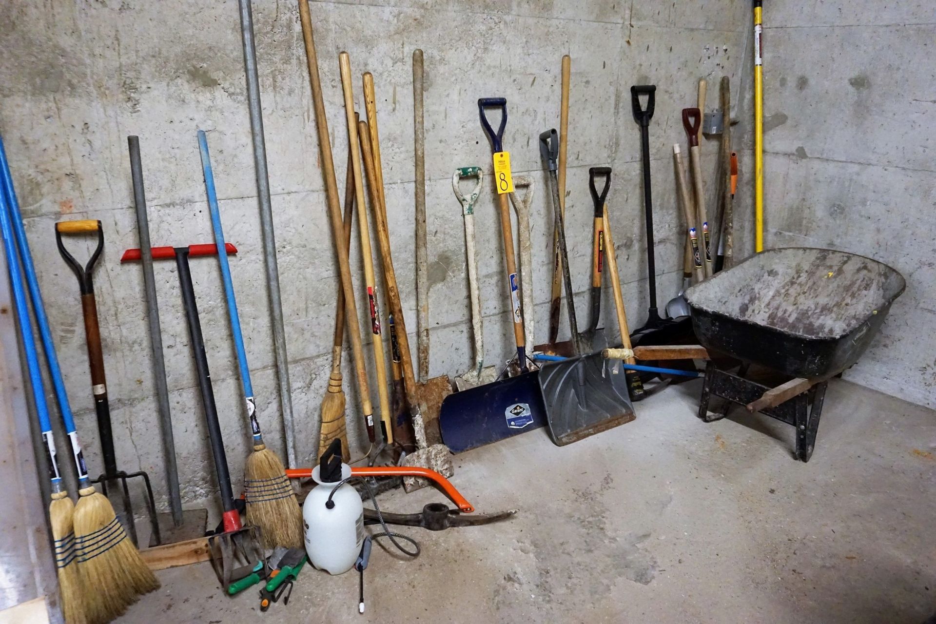 Lot of Brooms, Shovels, Wheelbarrow