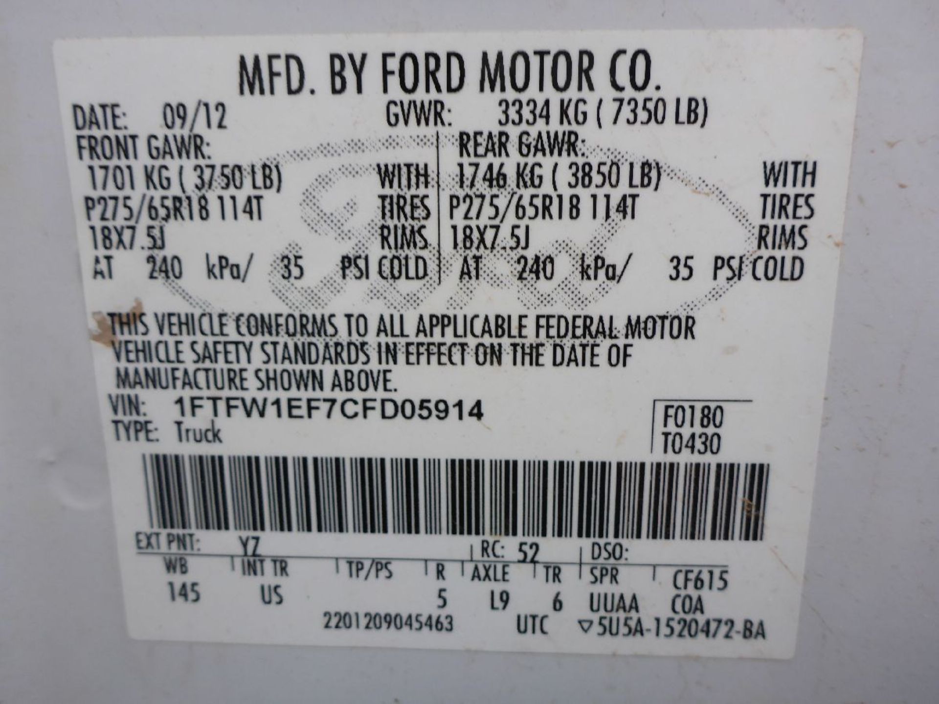 2012 Ford Model F150 XL 1/2 Ton Gasoline Pickup Truck - Image 4 of 4