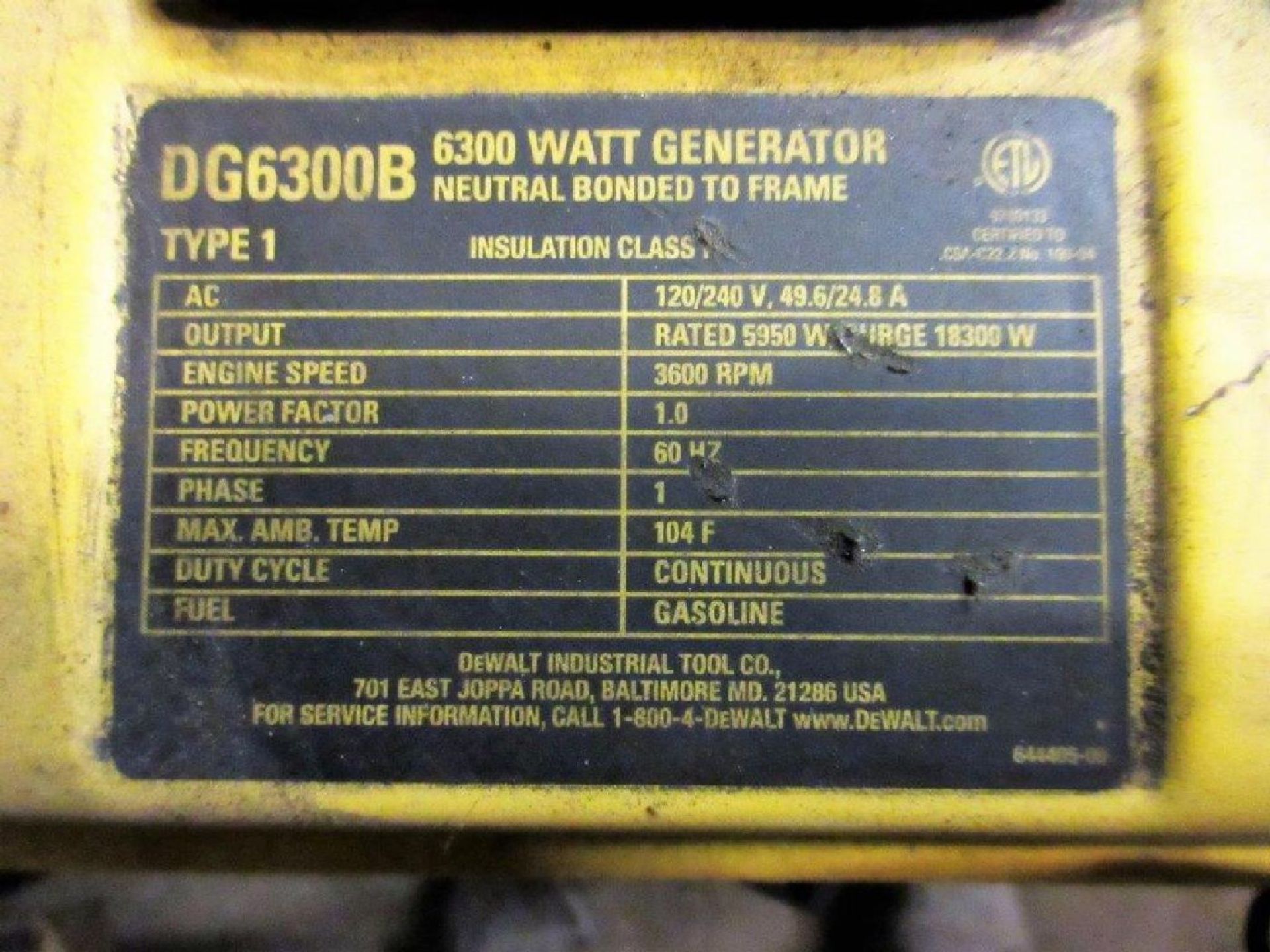DeWalt Model DG6300B Portable 6300 Watt Gas Generator - Image 3 of 3