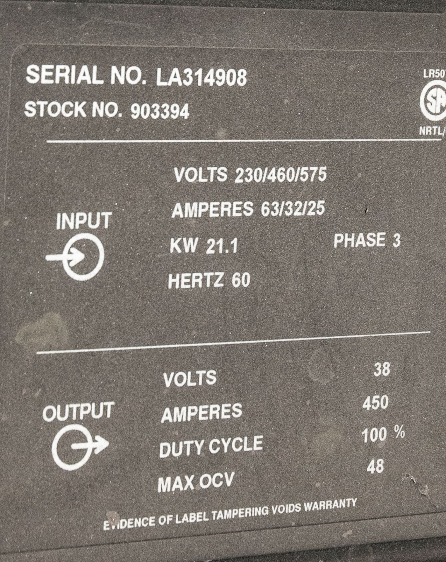 Miller Deltaweld 452, s/n LA314908, 230/460/575v, output 38v, 450 amps, Max OCV 48, 100% Duty Cycle, - Image 3 of 5