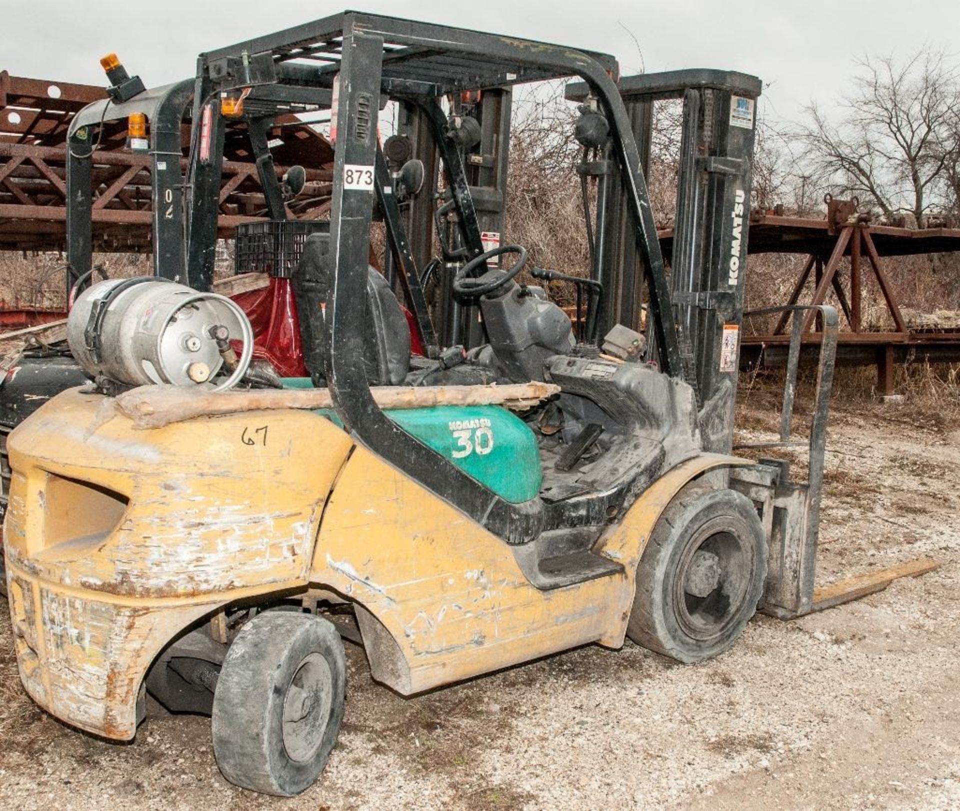 Komatsu FG30HT-16, Forklift, s/n 203873A, 6,000 lb Capacity, Solid Tires, 3 Stage Mast, Side shift,