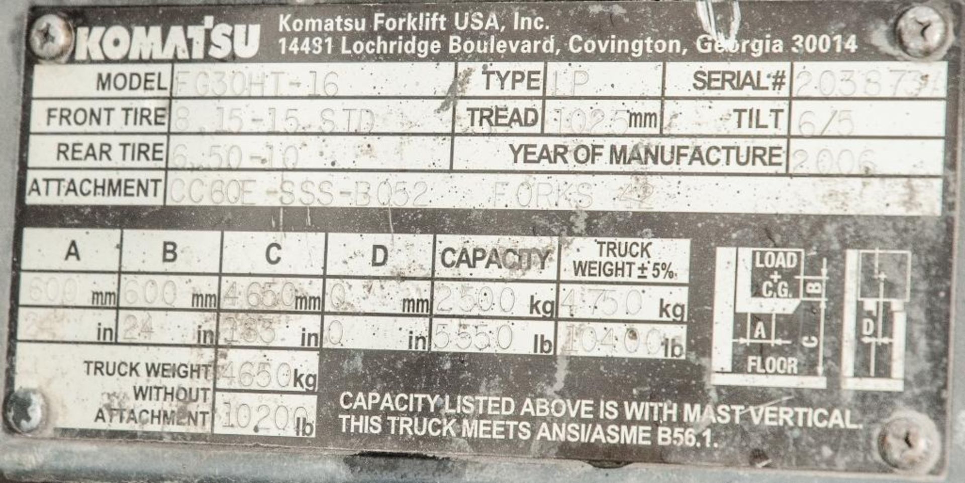 Komatsu FG30HT-16, Forklift, s/n 203873A, 6,000 lb Capacity, Solid Tires, 3 Stage Mast, Side shift, - Image 3 of 3