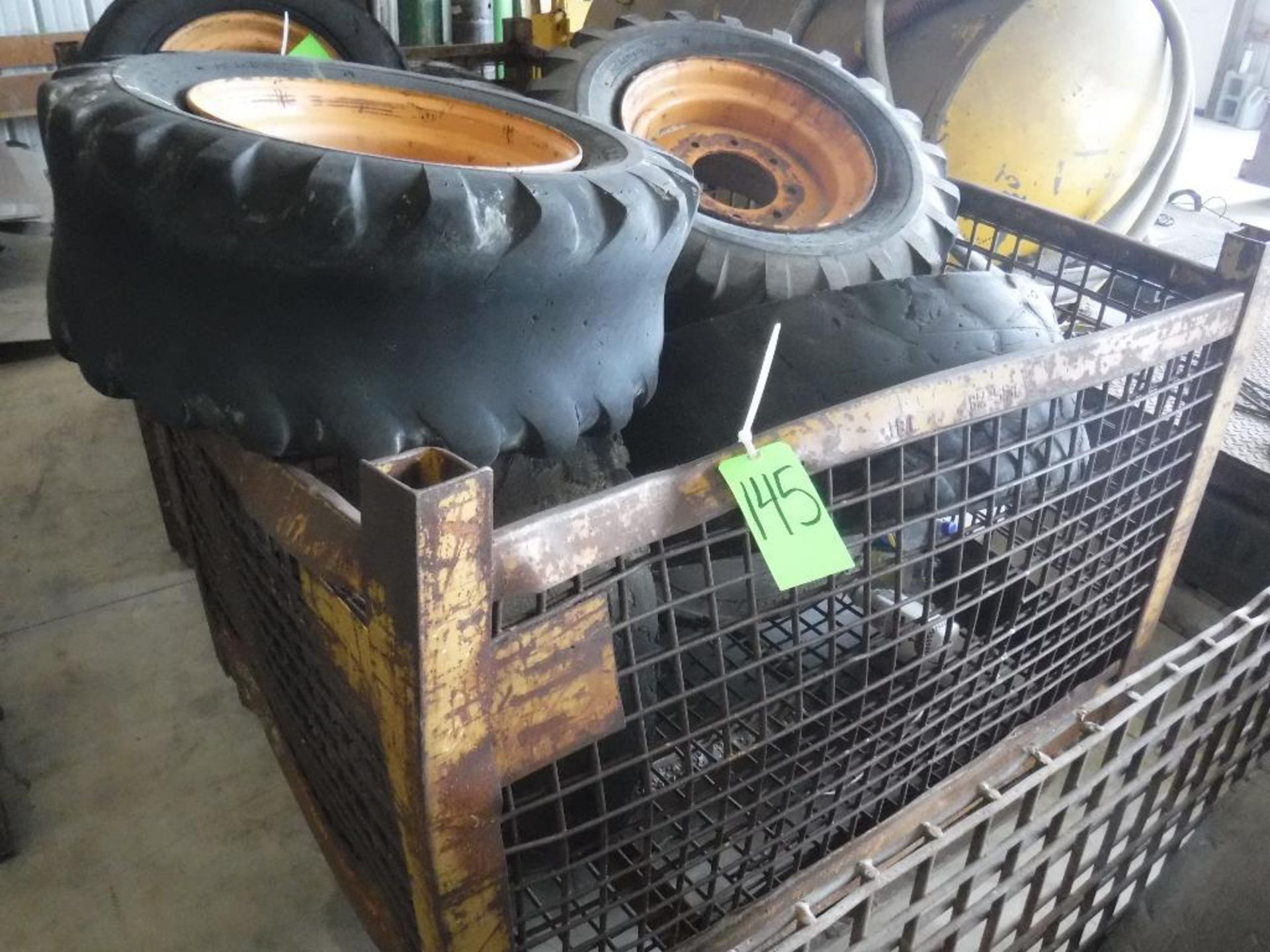 Wire Basket with 5 Rims and Tires