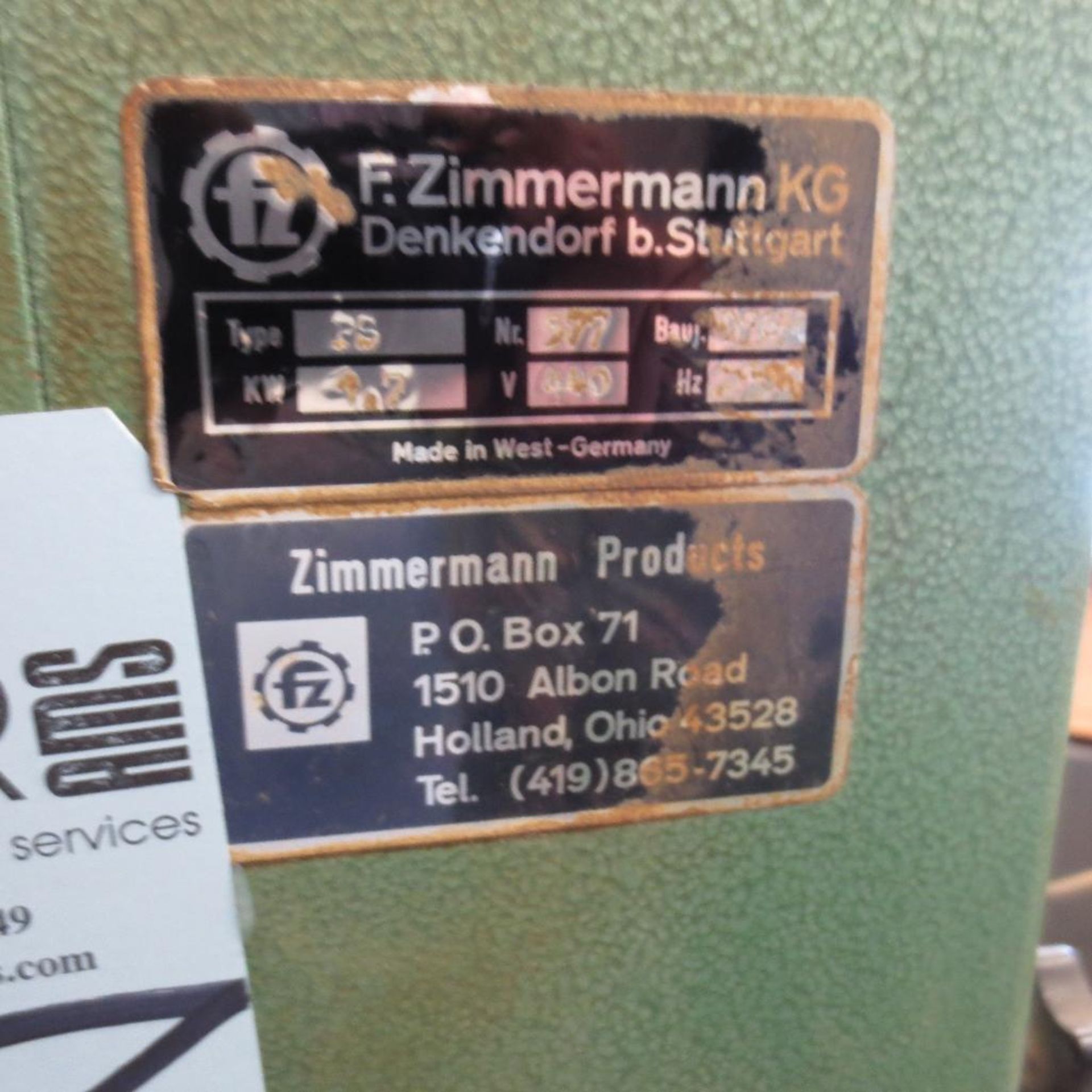 F. Zimmermann Vertical Belt Sander, 19 3/4" Throat, 19 1/2" X 19 1/2" Table, 480 V, 3 PH, LOCATED AT - Image 2 of 3