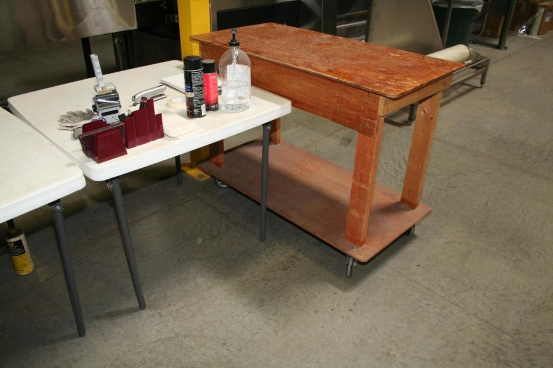 (3) Folding Tables 3'x3', (1) Wood Rolling Cart 2'x4', (2) Air Staplers, 24" Roll Measurer, and Misc - Image 4 of 4