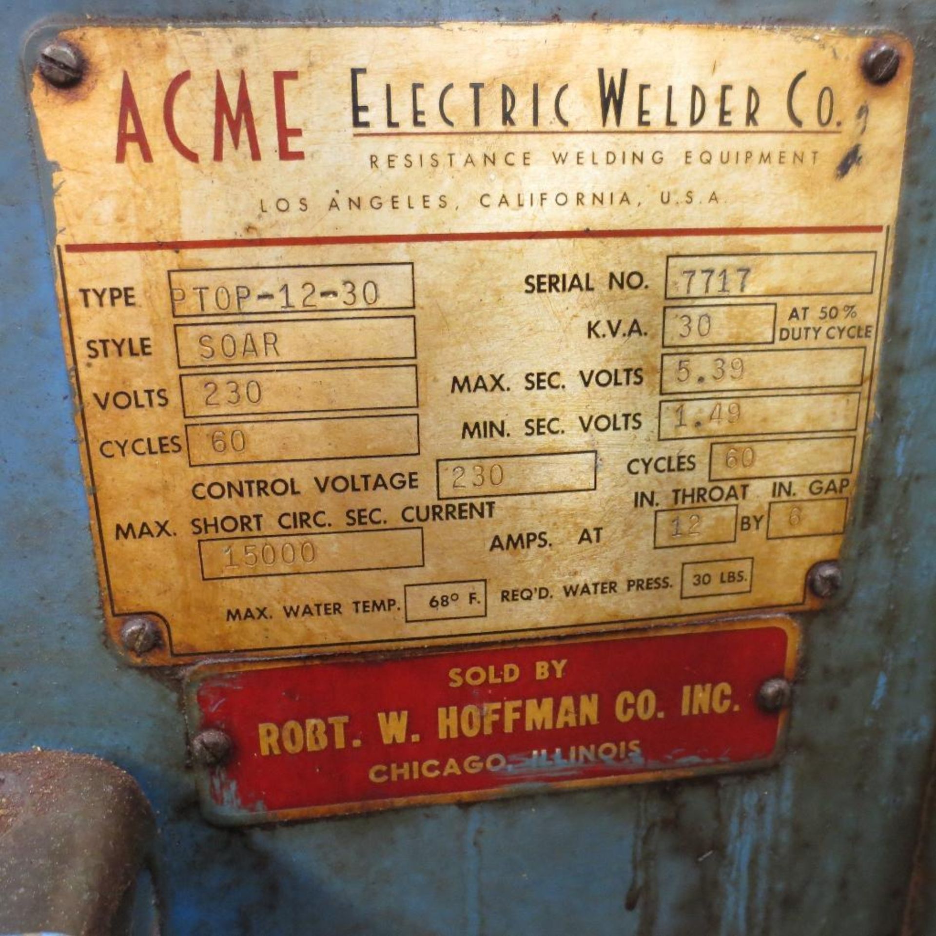 Acme Spot Welder, Type Top-12-30, Style SOAR, S/N 7717, 30 KVA, 230V, 12" Throat X 6" Gap - Image 4 of 4