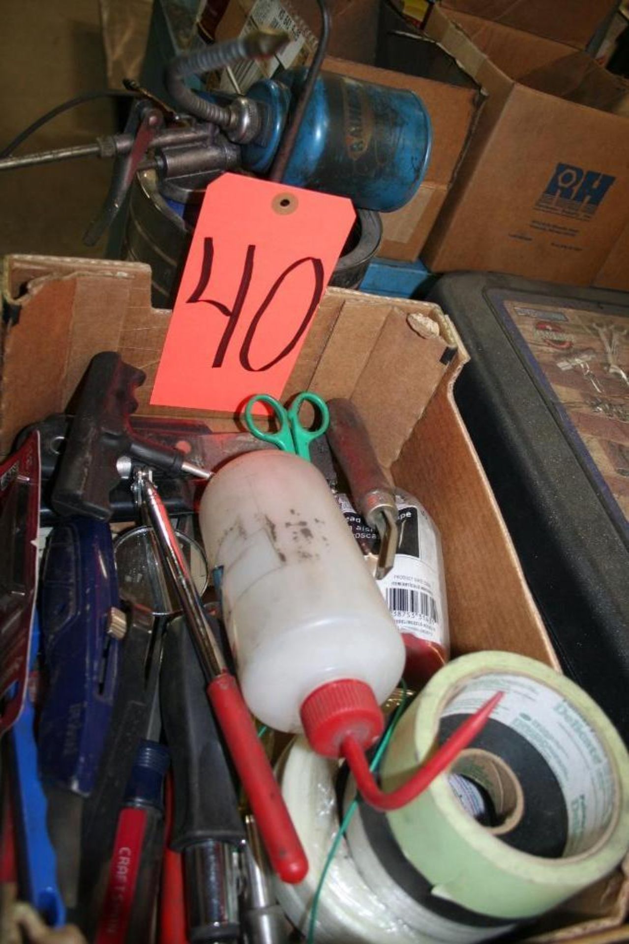 Box of Putty Knoves, Tape, Razor Knife and Oil Cans