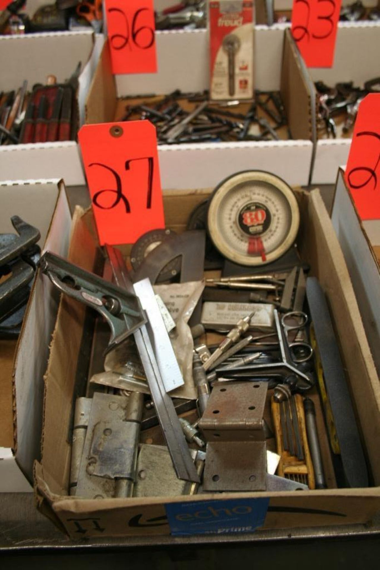 Box of Assorted Hinges, Square, Level, and Etc.