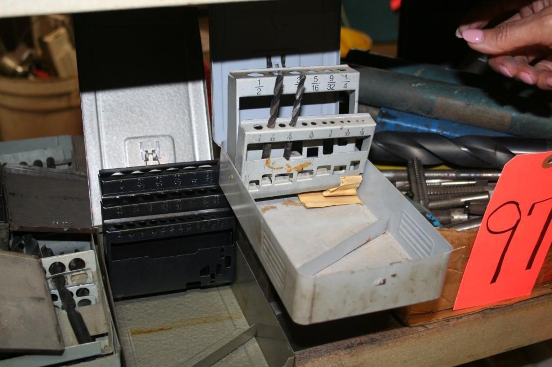 (8) Drill Index Boxes with Some Drills, (1) Cardboard Box of Large Drill Bits and Taps - Image 5 of 5