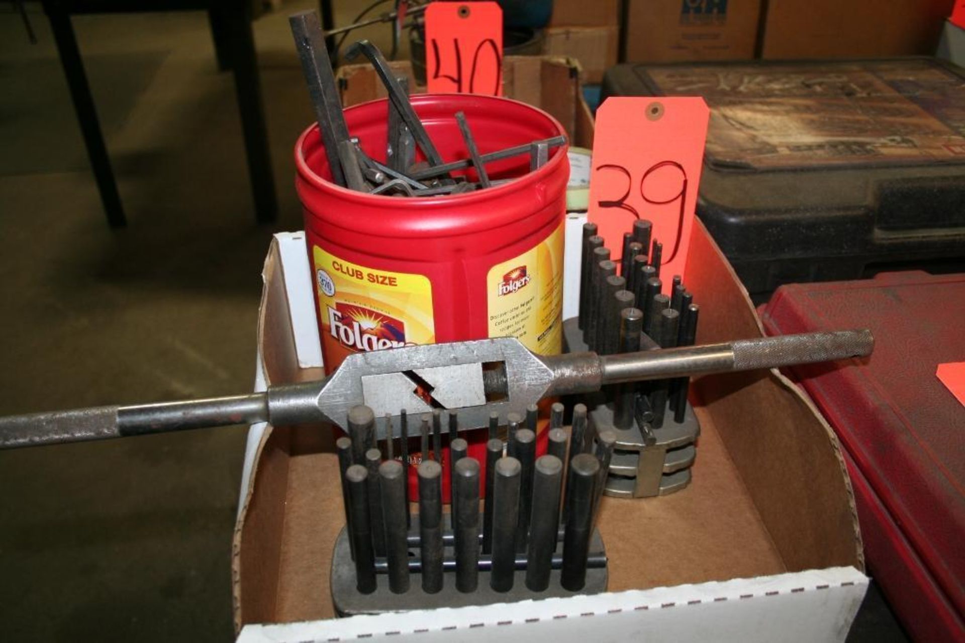 Box of Center Punches, Allen Wrenches and Die Handle