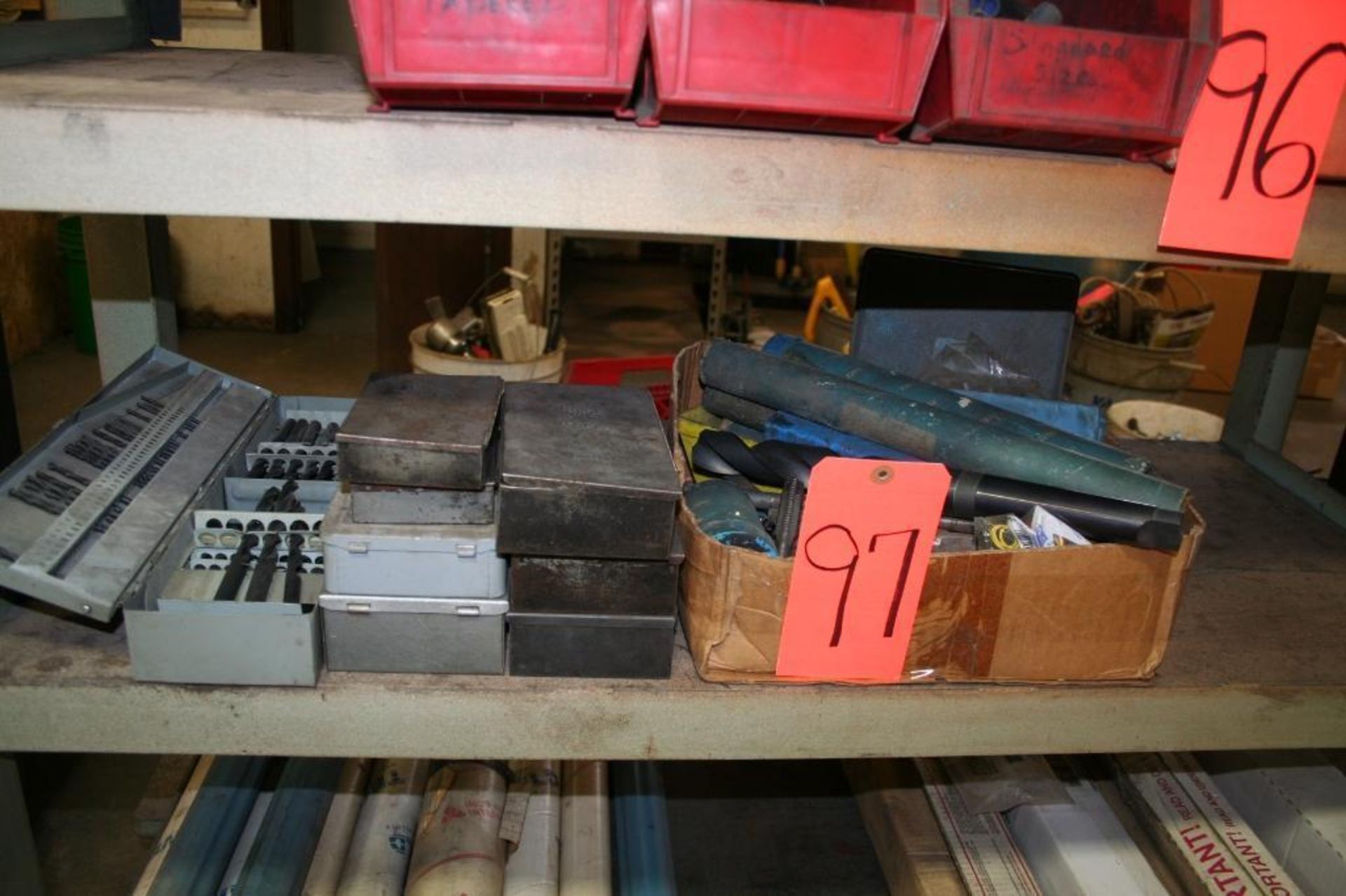 (8) Drill Index Boxes with Some Drills, (1) Cardboard Box of Large Drill Bits and Taps