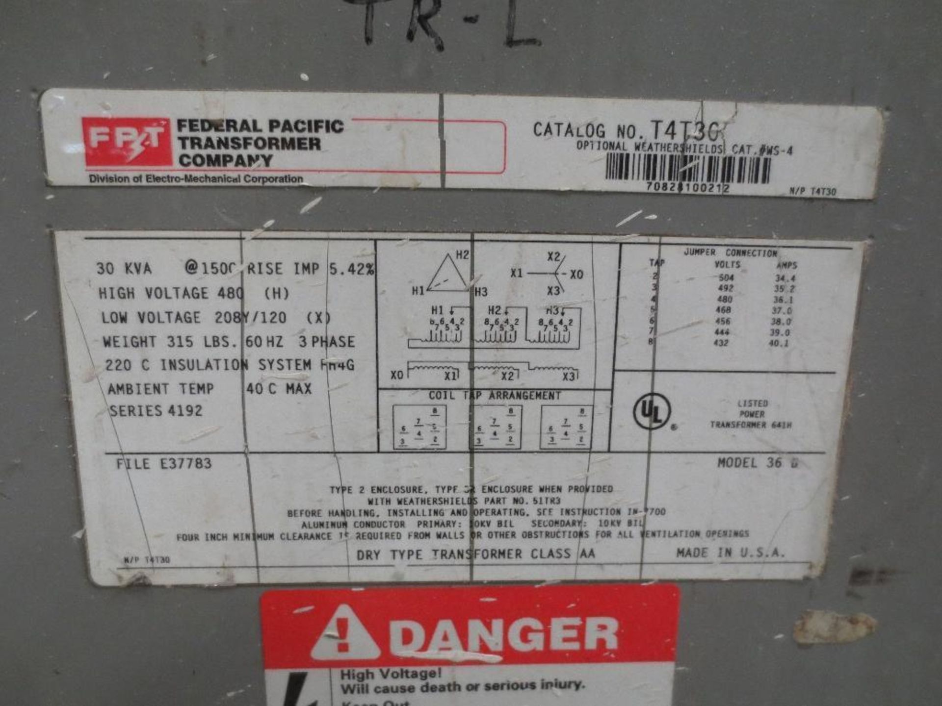 FPT Transformer, 30kva 480v 60hz 3ph 315lbs, Cat No. T4T30 S/N 70828100212 - Image 3 of 3