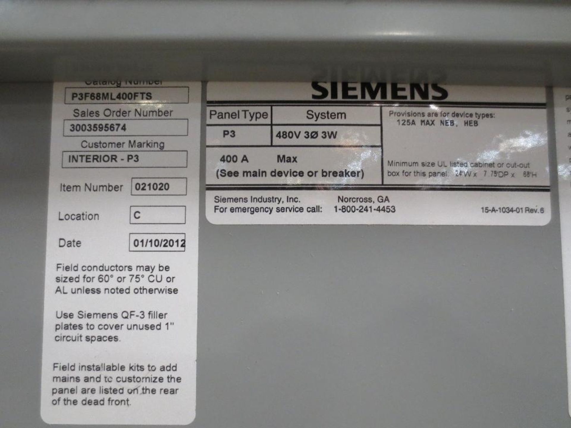 Siemens Breaker Panel, 480v 400amp Cat No. P3F68MC400FTS - Image 2 of 2