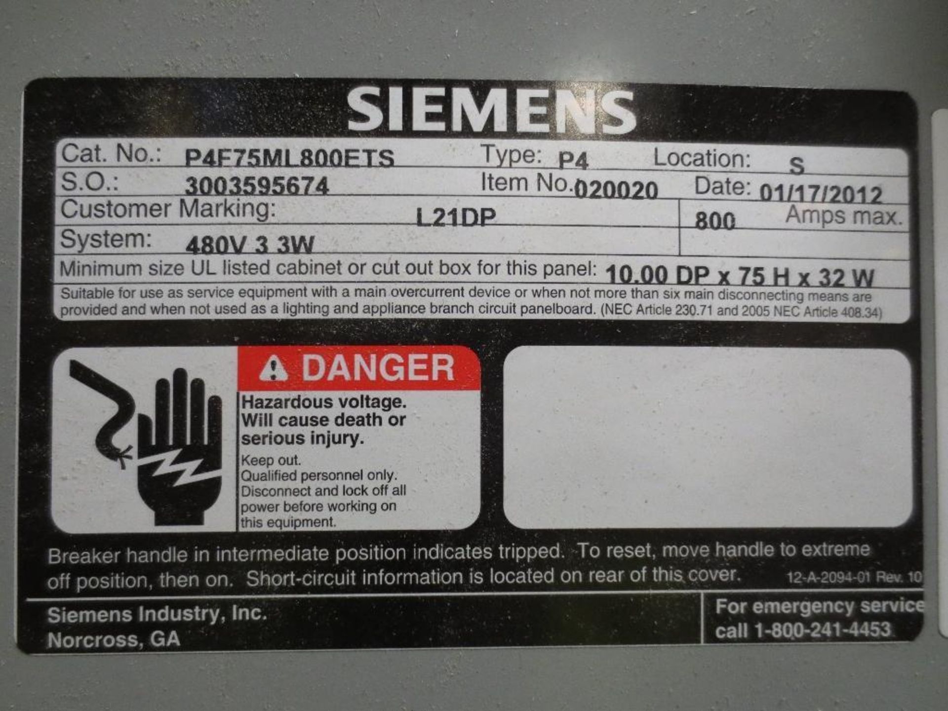 Siemens Breaker Panel, 400v 800amp Cat No. P4F75ML800ETS - Image 2 of 2