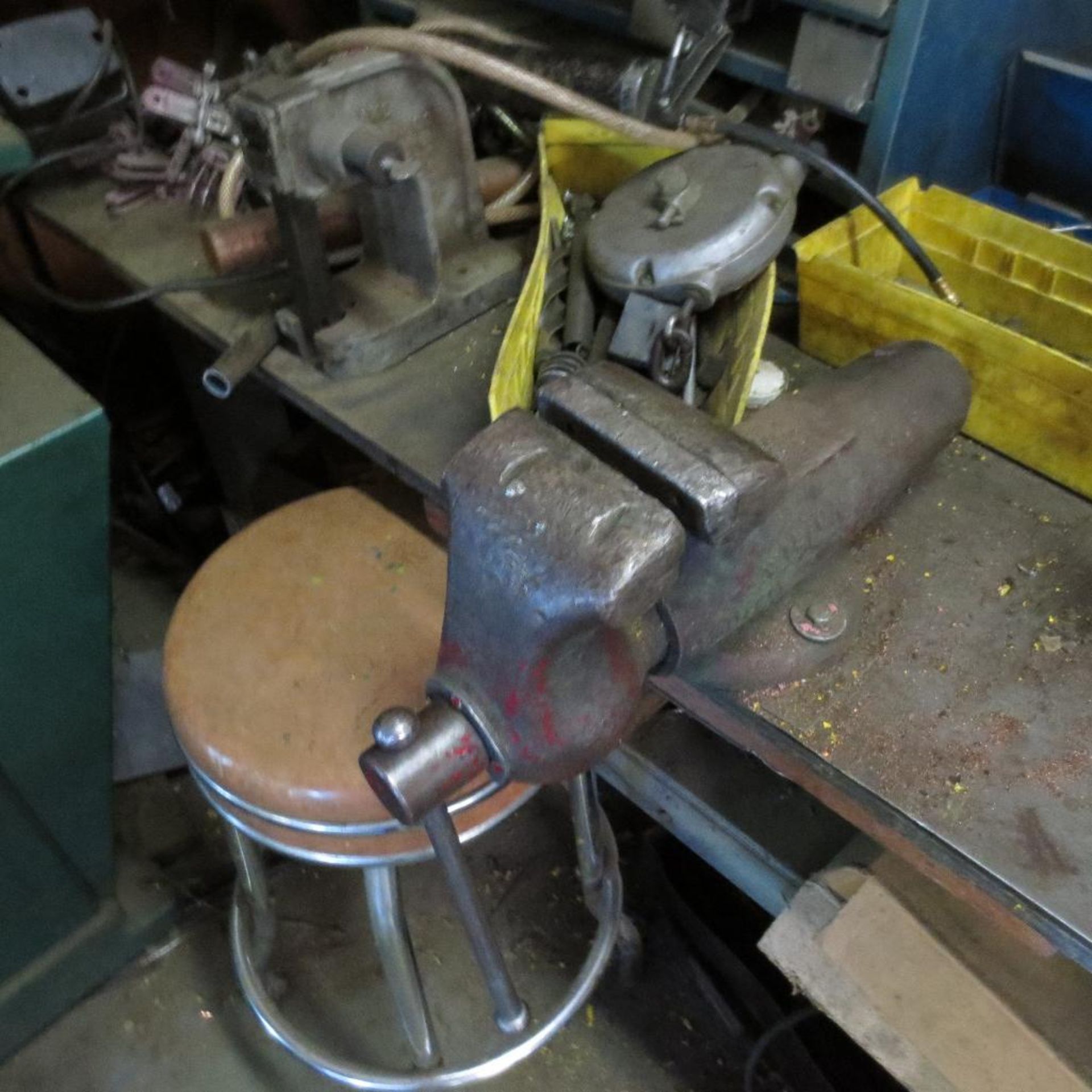 Work Bench with Bench Grinder, Vise, Arbor Press and Contents - Image 3 of 4