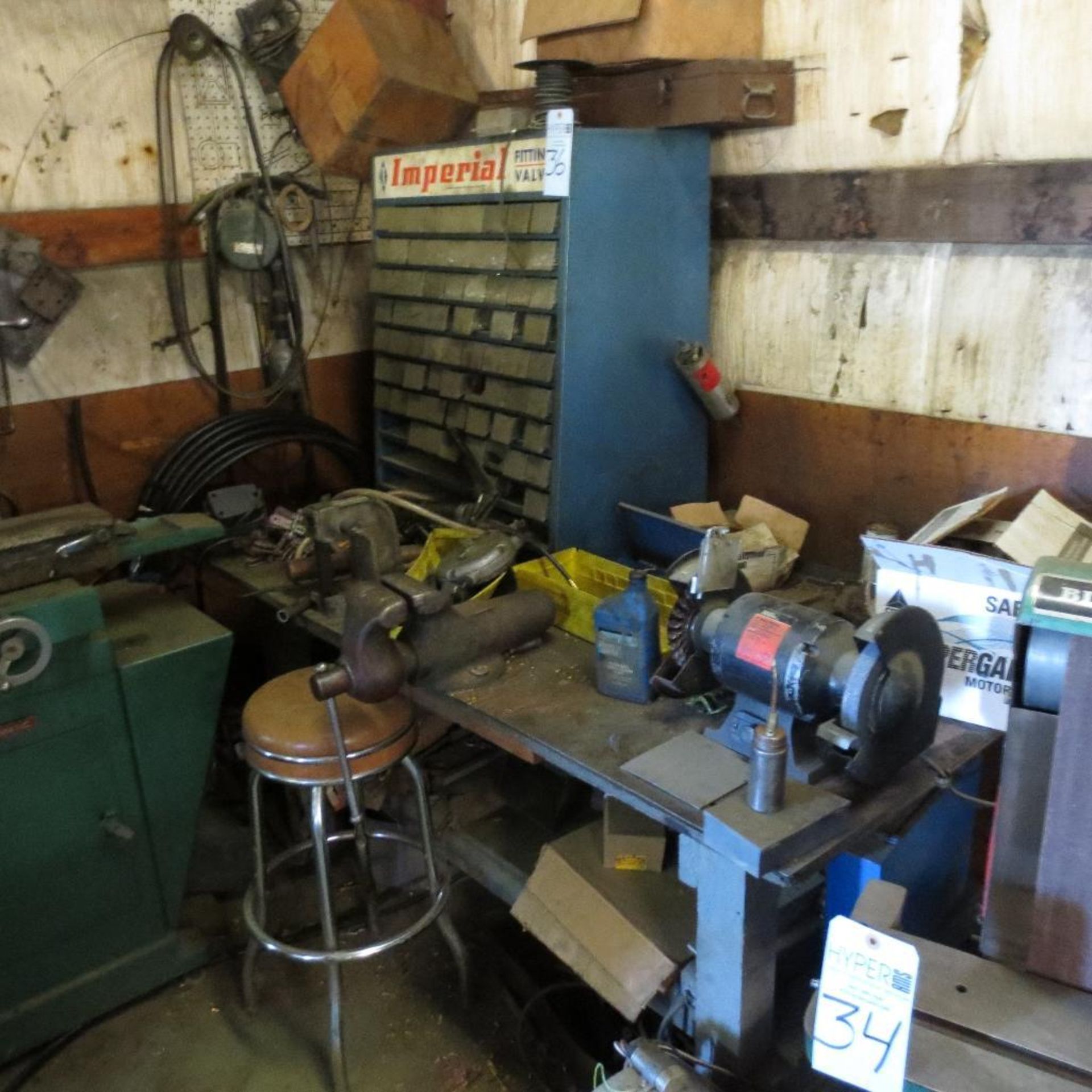 Work Bench with Bench Grinder, Vise, Arbor Press and Contents