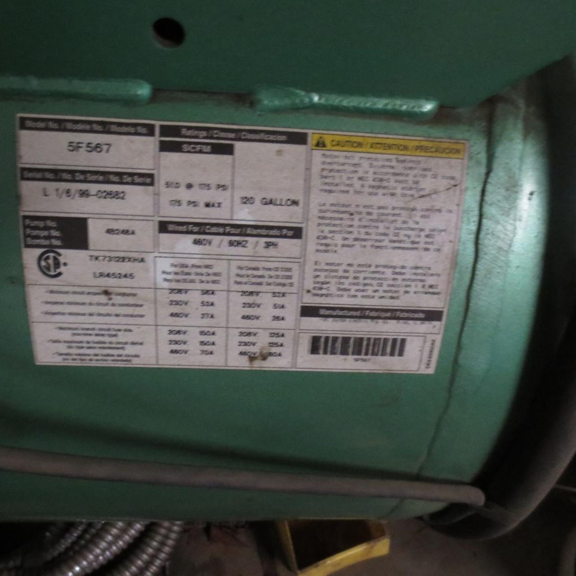 Speed Aire Model 5F567 Air Compressor, 15 HP, 120 Gal. Tank, 480V, 3 PH, 175 PSI, S/N L1/6/99-02682 - Image 2 of 2