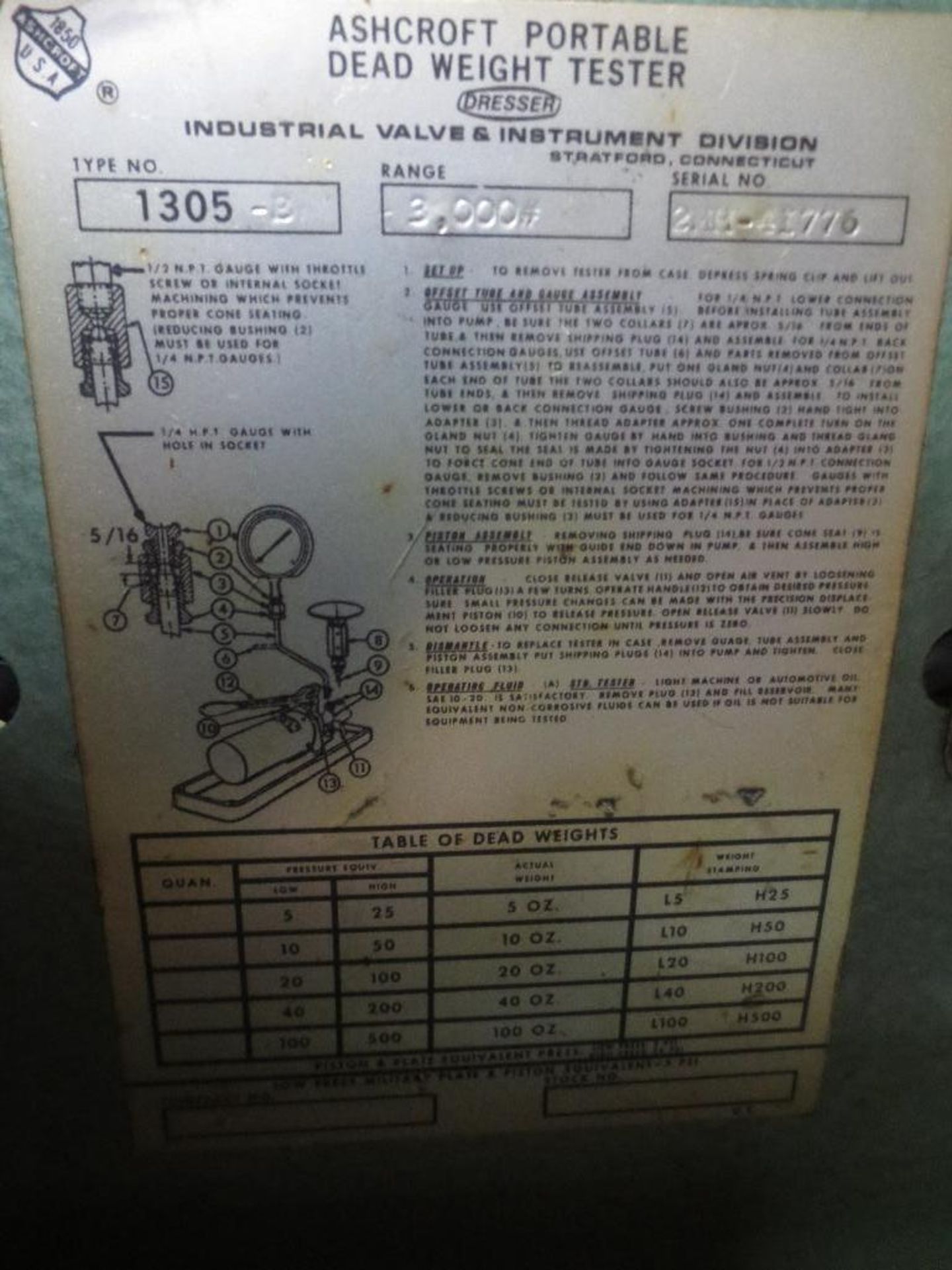 Ashcroft Portable Dead Weight Tester 3,000lb Limit M/N 1305-B S/N 2MH-4I776 - Image 3 of 3