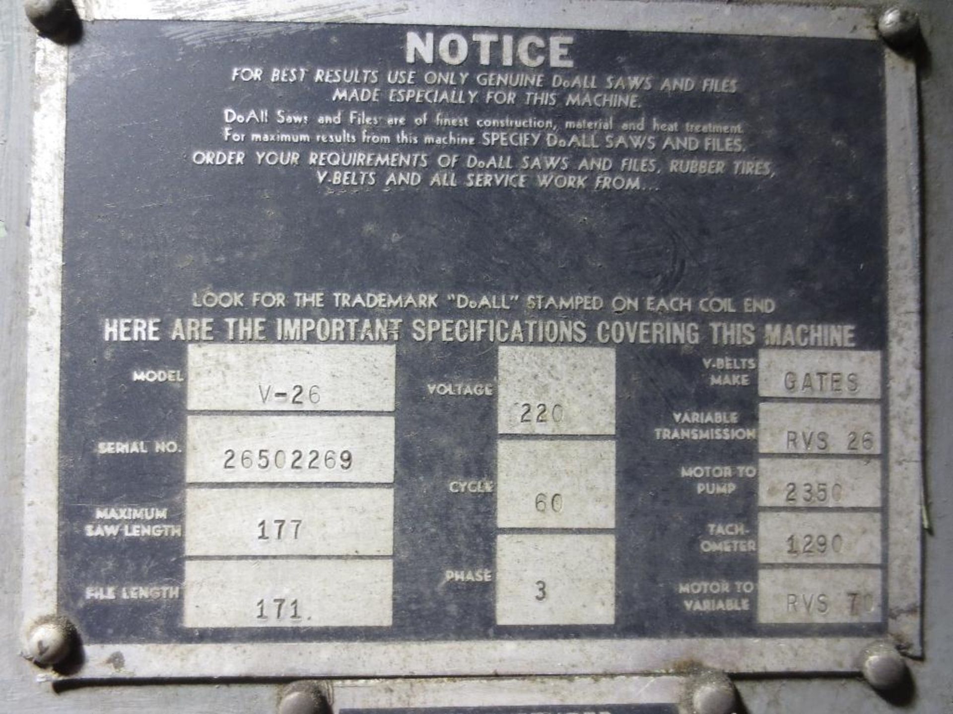 DoAll Band Saw 30" x 30" Bed M/N V-26 S/N 26502269 - Image 3 of 4