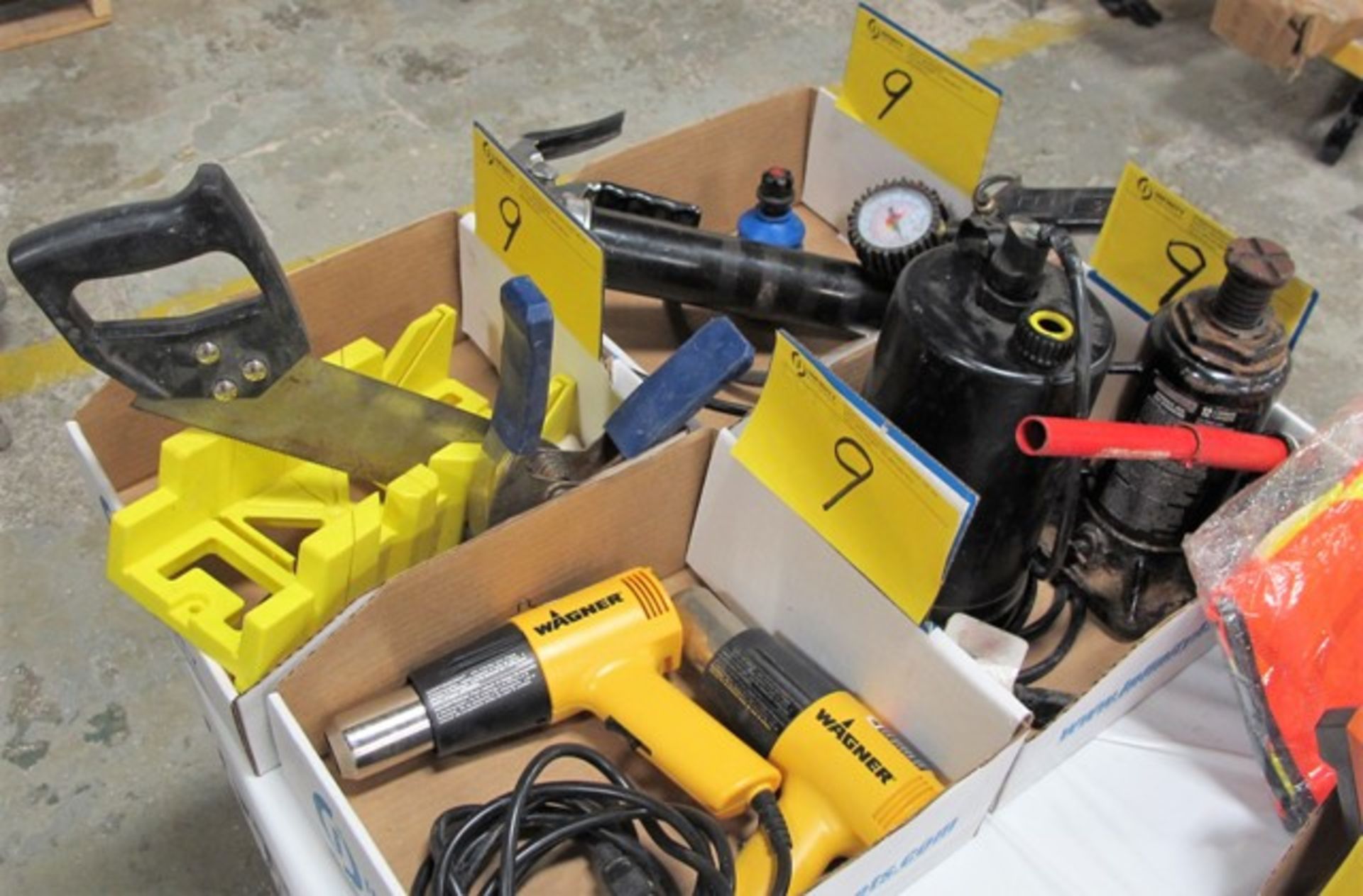 LOT OF 4 BOXES OF HEAT GUNS, GREASE GUN, PUMP, HYDRAULIC JACK, SAW, ETC.