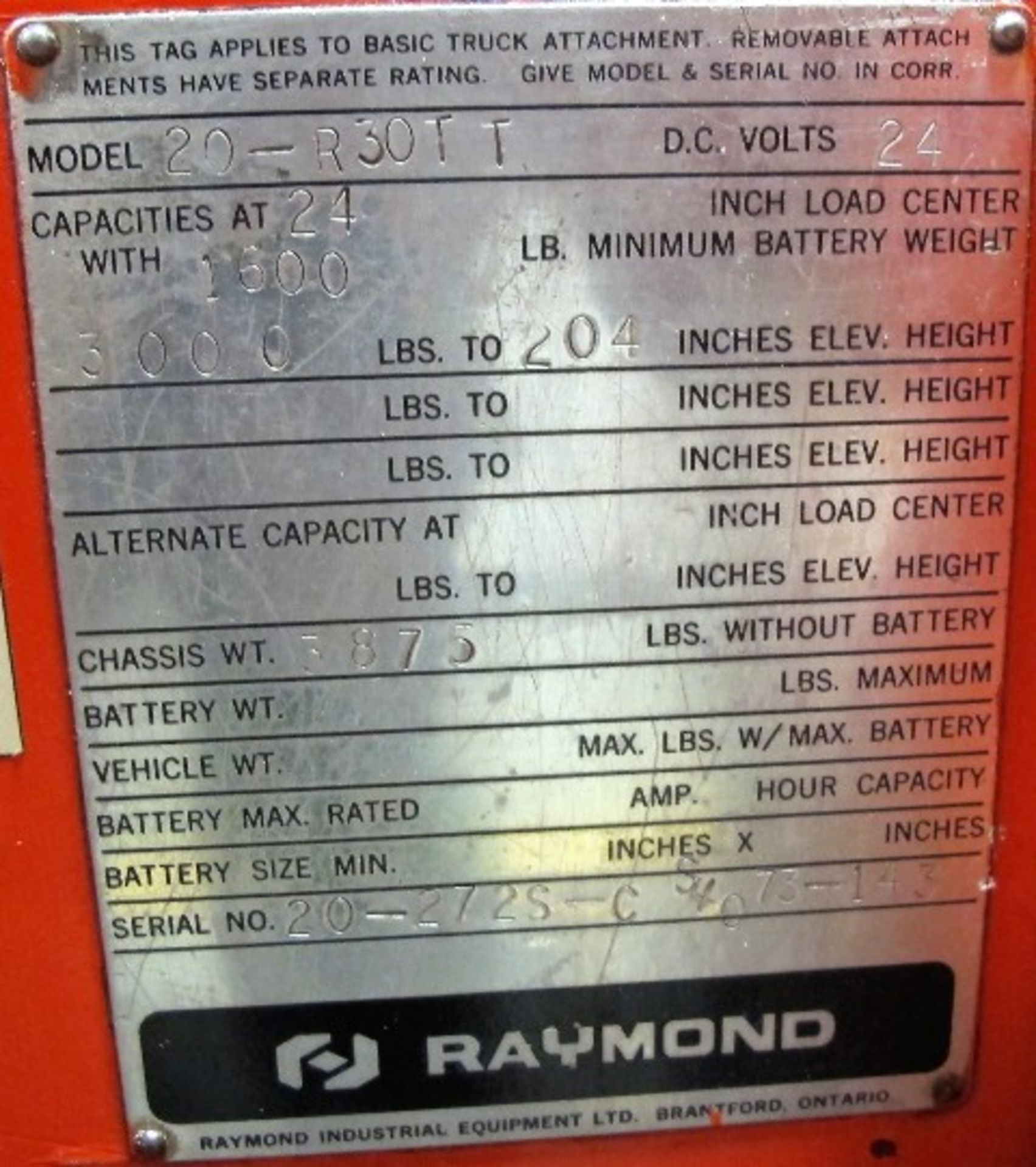 RAYMOND MOD. 20-R 3055, 3000 LB REACH TRUCK W/24 VOLT CHARGER, S/N 20-2723-C - Image 2 of 6