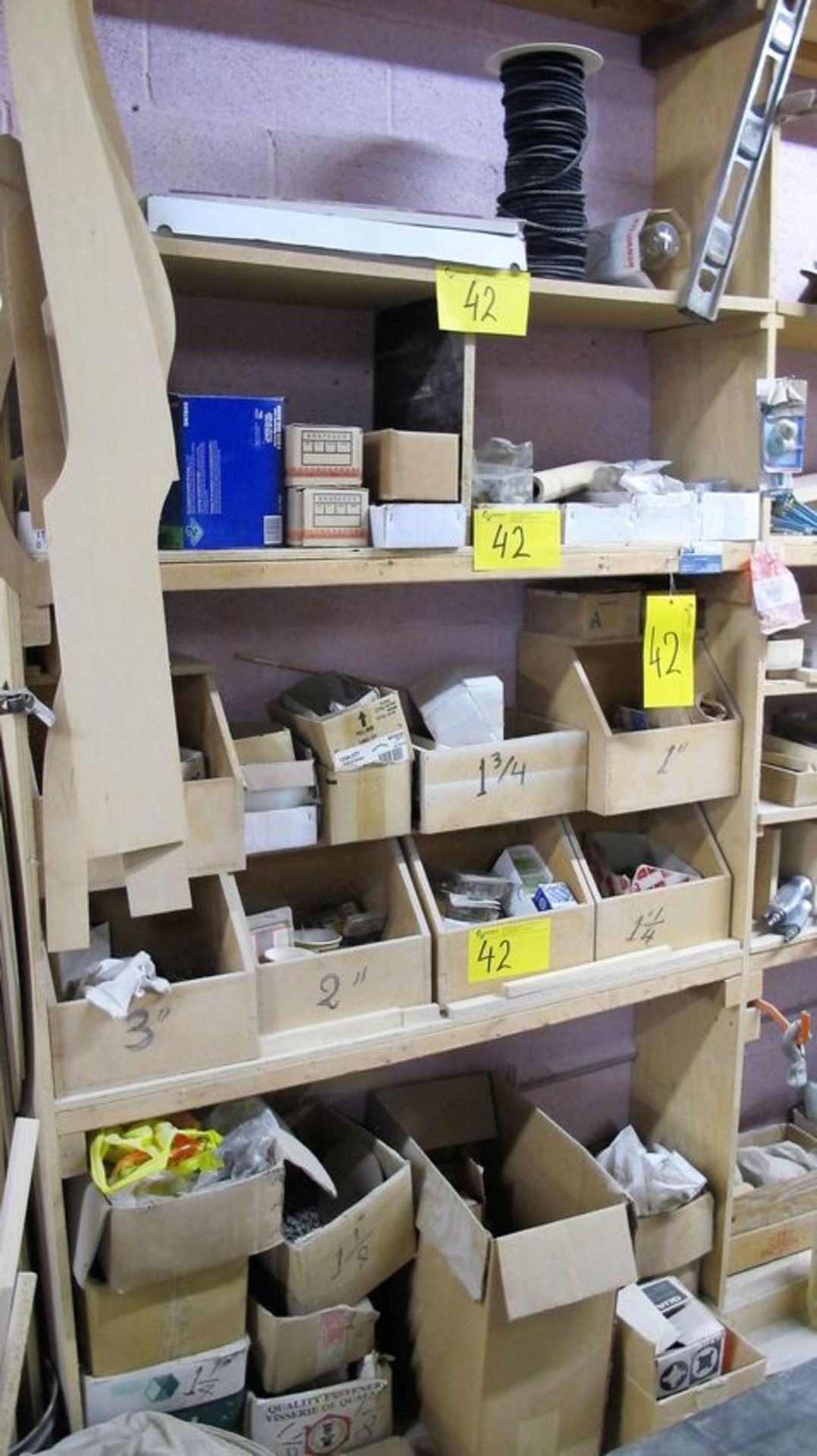 CONTENTS OF (2) SECTIONS OF SHELVING INCLUDING ASST. HARDWARE, FIXTURES, BOLTS, SCREWS, ETC.
