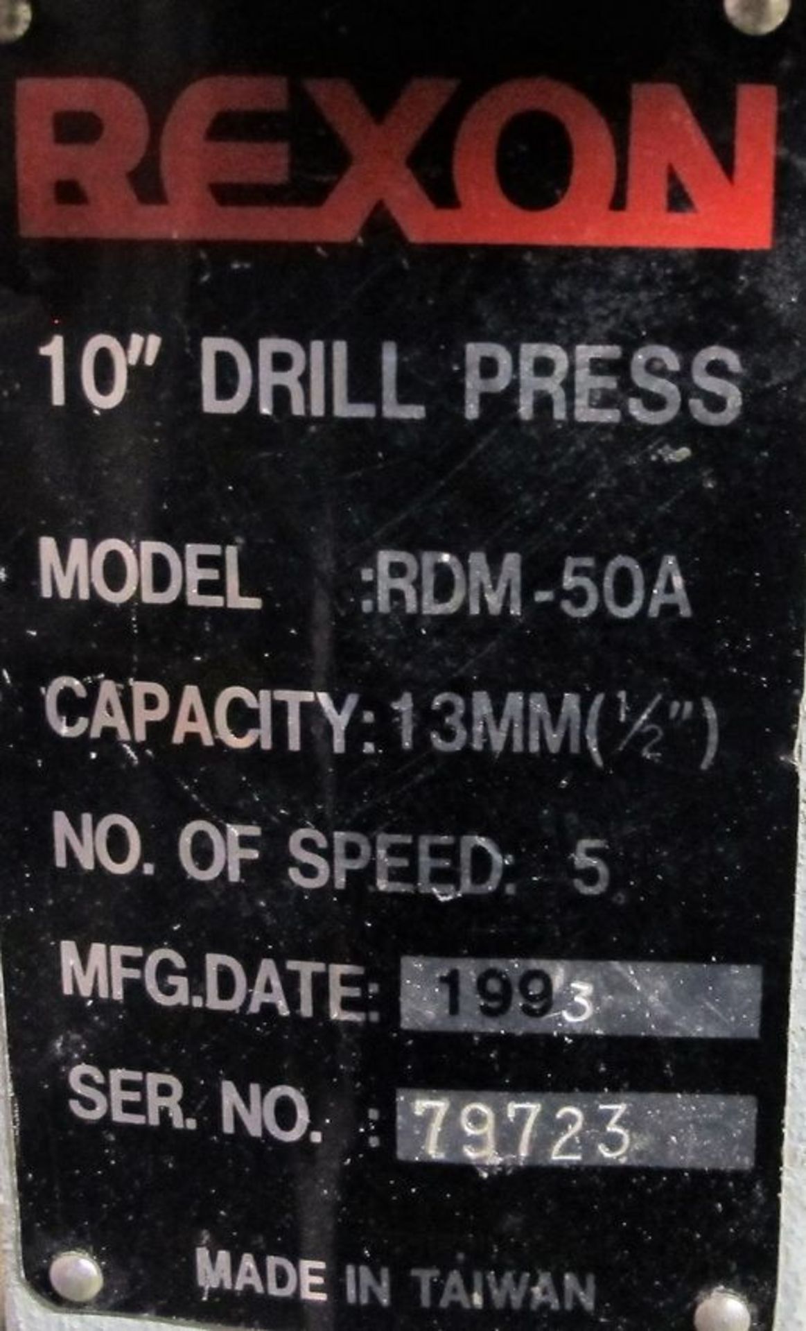 REXON RDM-50A 10" DRILL PRESS, 1/2" CAP., 5 SPEED, S/N 79723 - Image 3 of 3