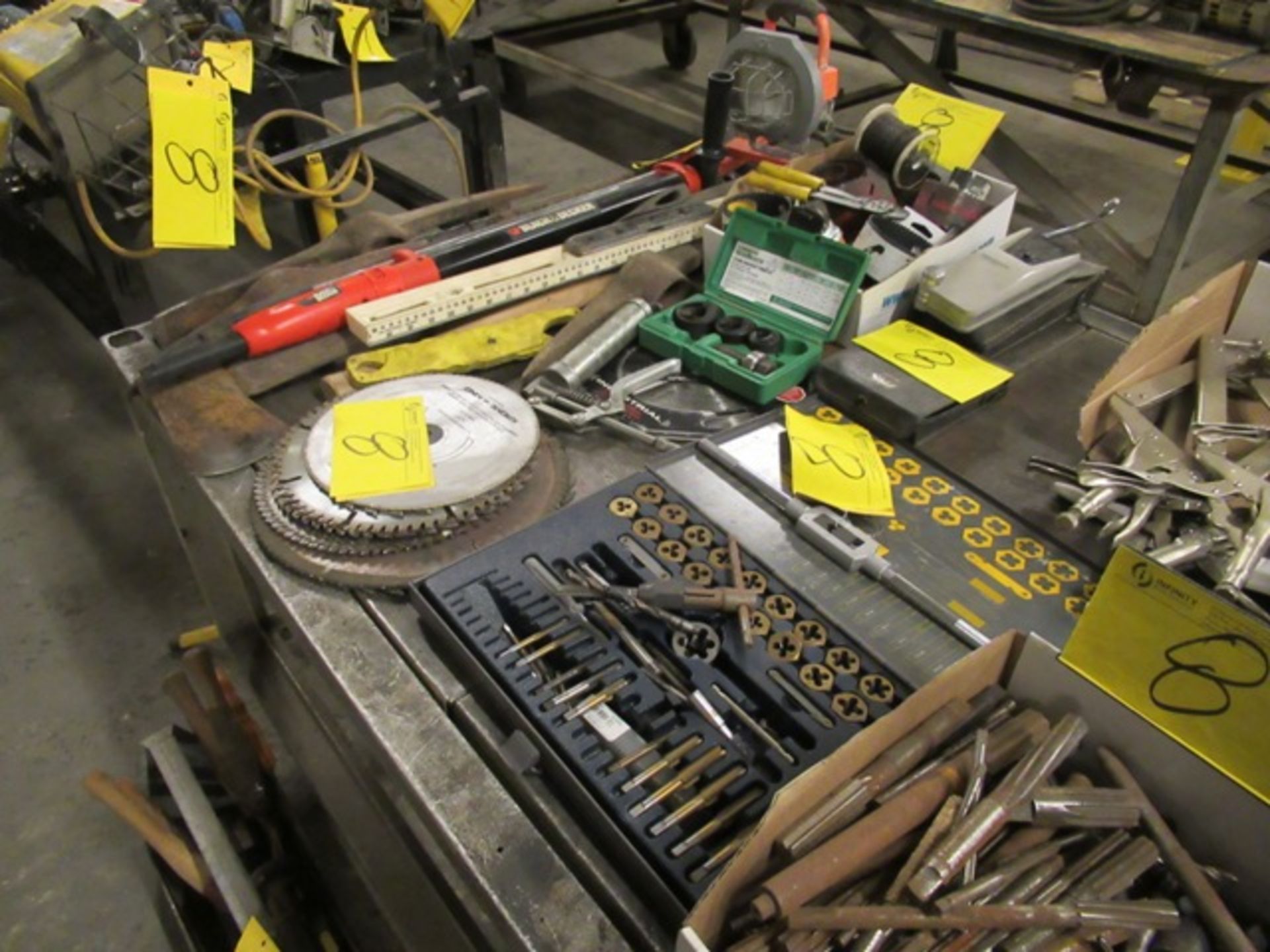 LOT ASST. HOLE SAWS, TAP & DIE SET, DRILL BITS, SAW BLADES, HAND TOOLS, ETC.